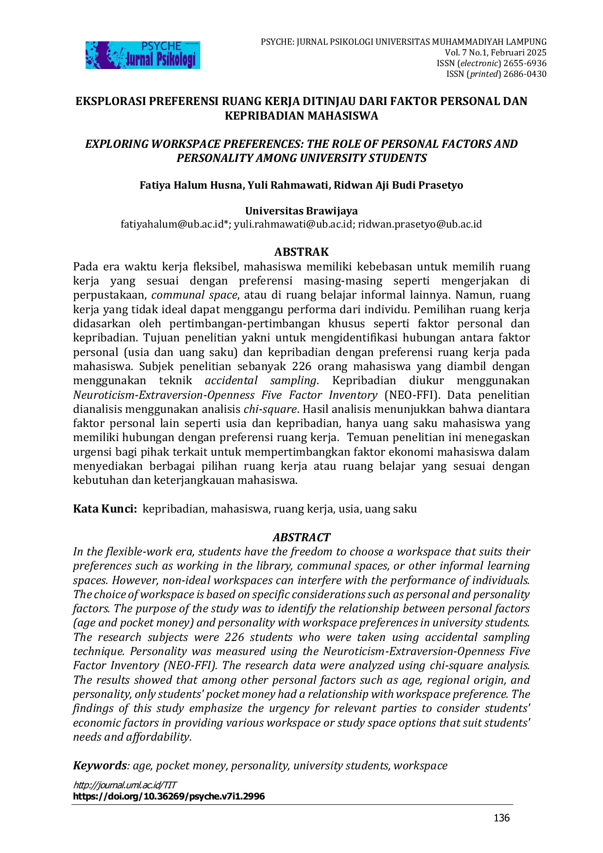 JURIS Eksplorasi Preferensi Ruang Kerja Ditinjau Dari Faktor Personal Dan Kepribadian Mahasiswa
