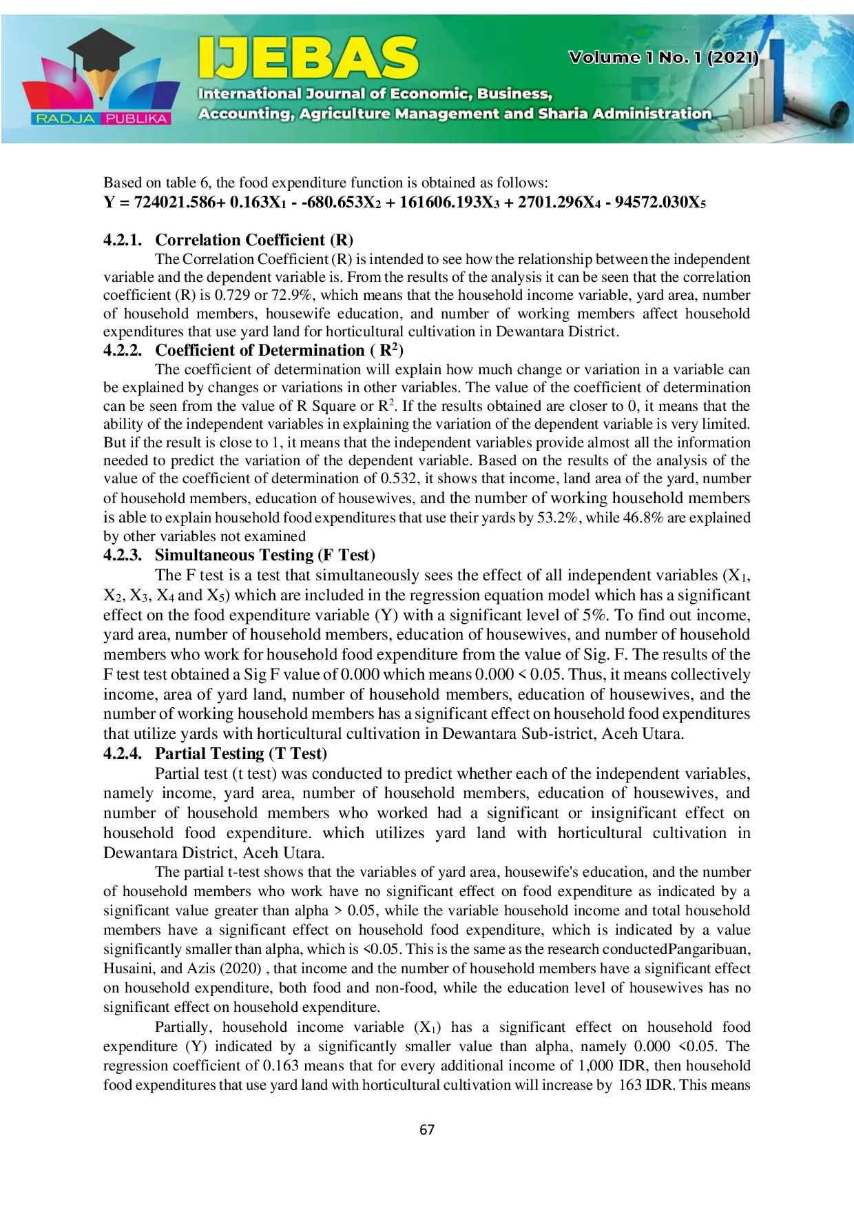 JURIS FACTORS AFFECTING HOUSEHOLD FOOD EXPENDITURE THROUGH THE UTILIZATION OF YARD LAND IN DEWANTARA SUBDISTRICT ACEH UTARA English