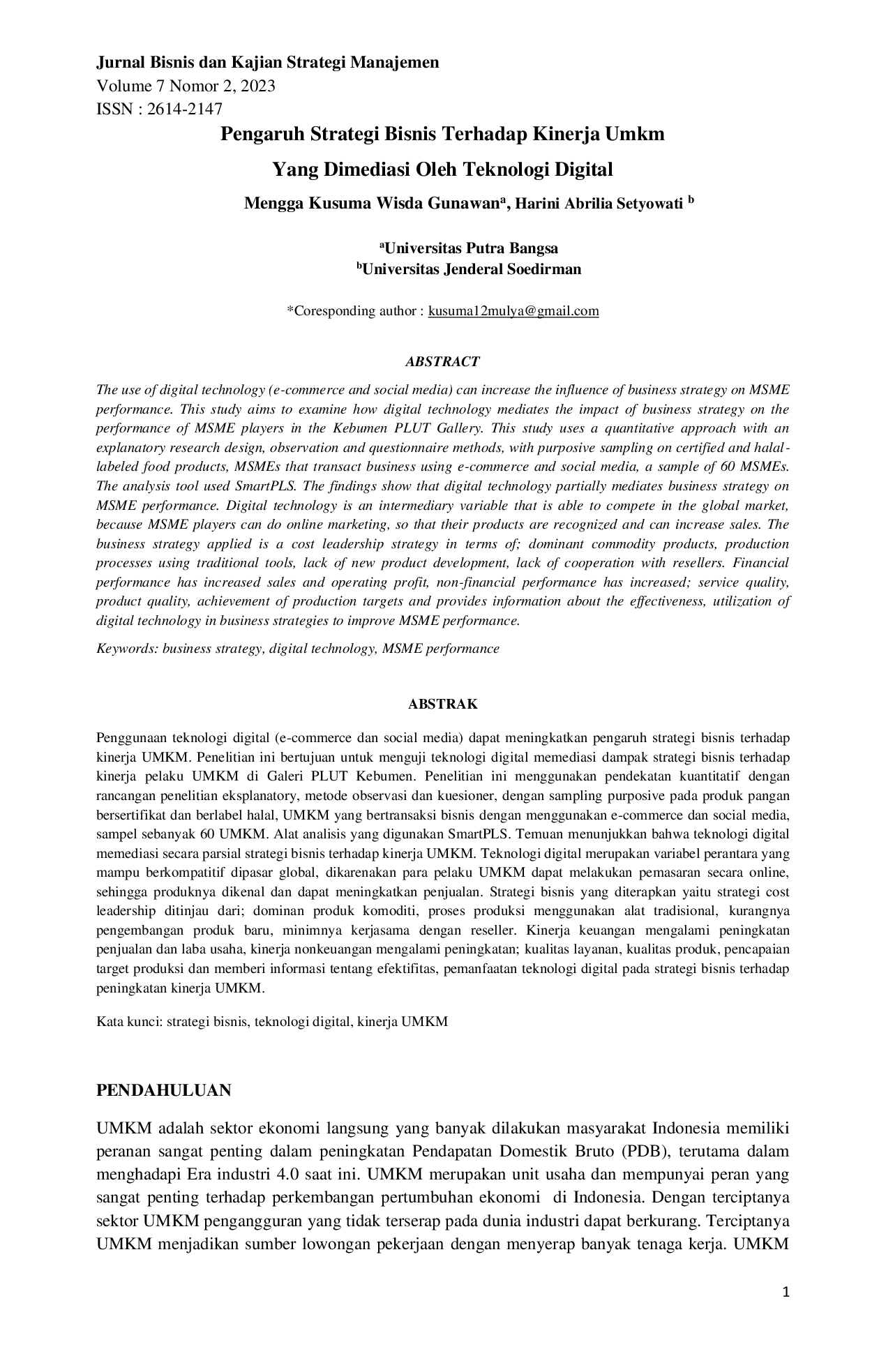 JURIS PENGARUH STRATEGI BISNIS TERHADAP KINERJA UMKM YANG DIMEDIASI OLEH TEKNOLOGI DIGITAL Studi Pada UMKM Galeri PLUT Kebumen