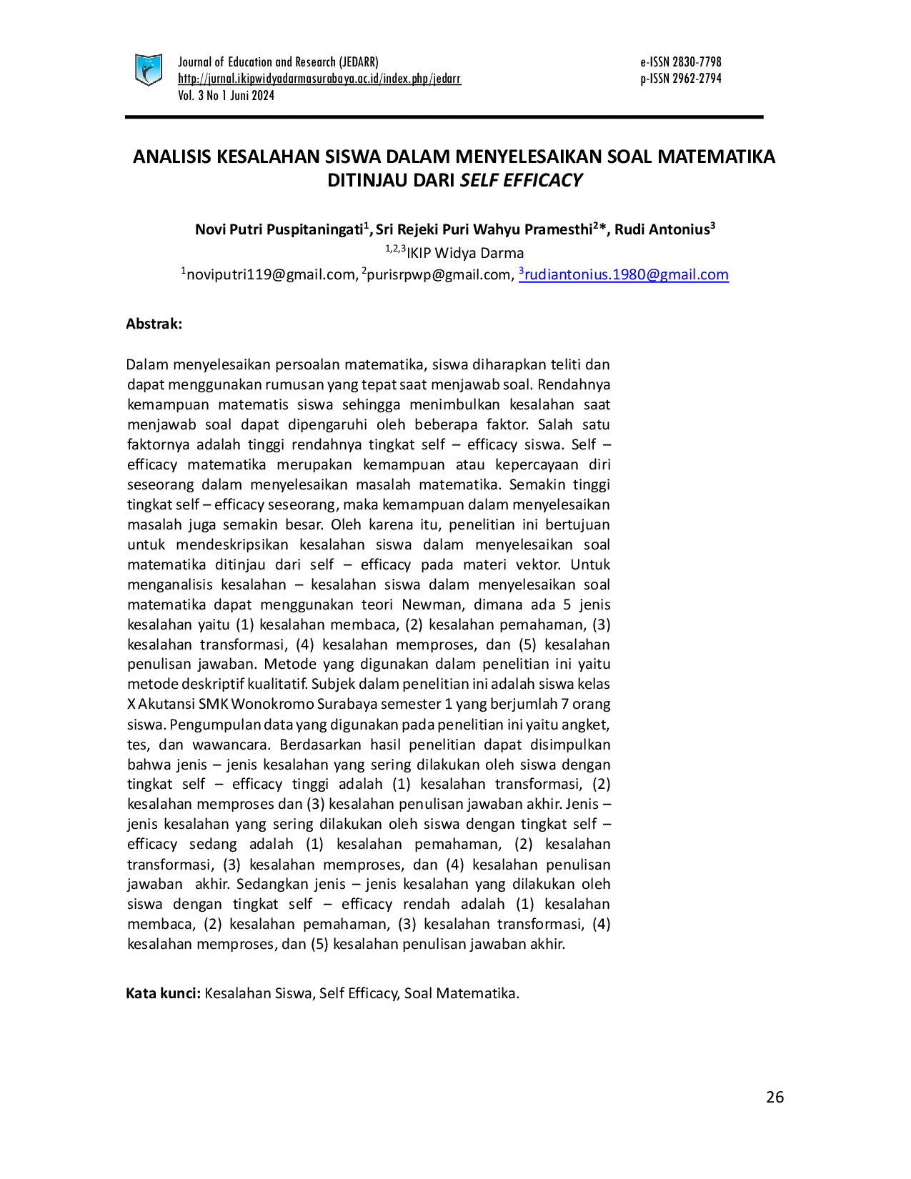 JURIS Analisis Kesalahan Siswa Dalam Menyelesaikan Soal Matematika Ditinjau Dari Self Efficacy