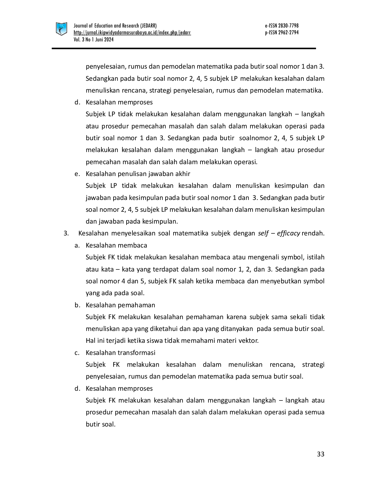 JURIS Analisis Kesalahan Siswa Dalam Menyelesaikan Soal Matematika Ditinjau Dari Self Efficacy