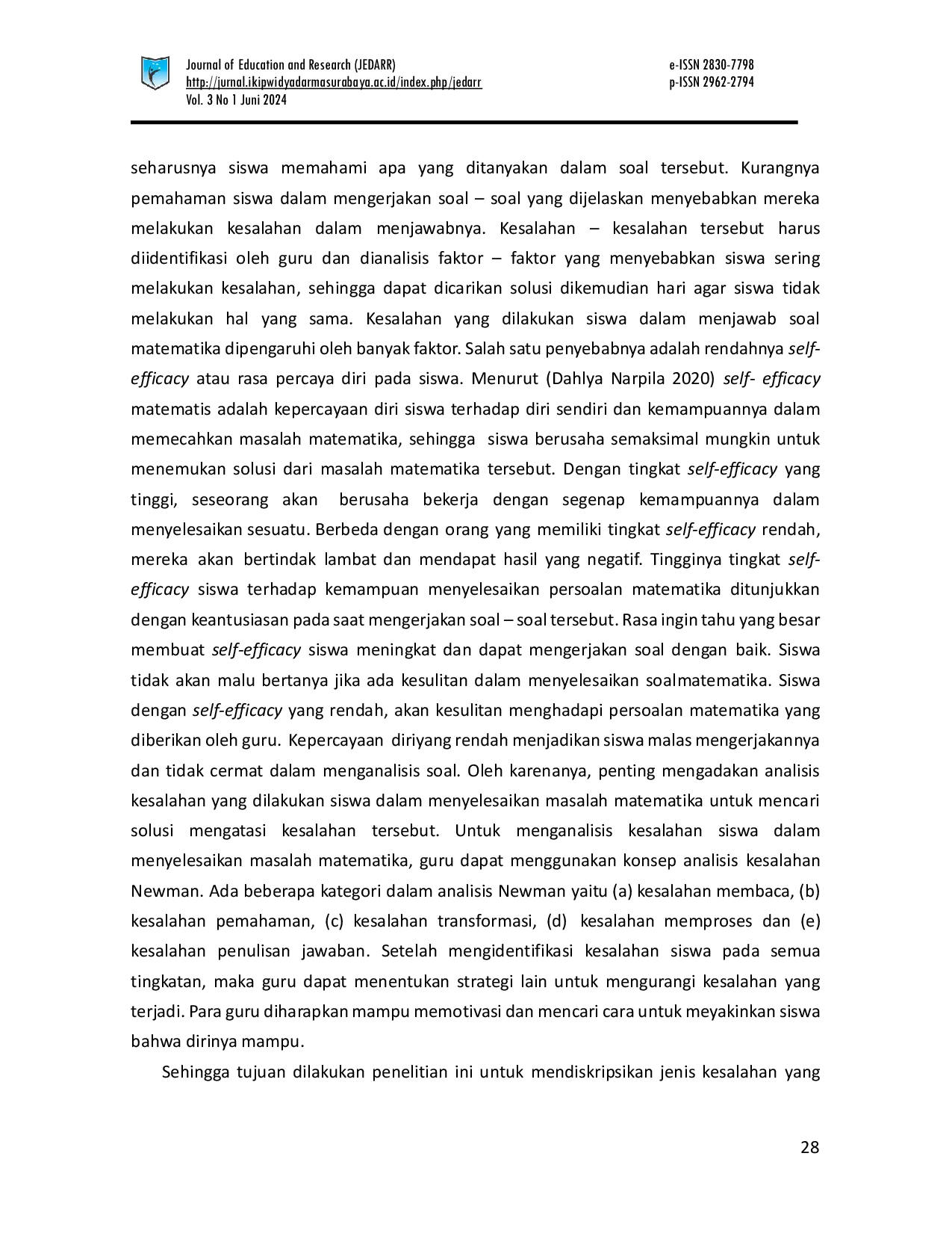 JURIS Analisis Kesalahan Siswa Dalam Menyelesaikan Soal Matematika Ditinjau Dari Self Efficacy