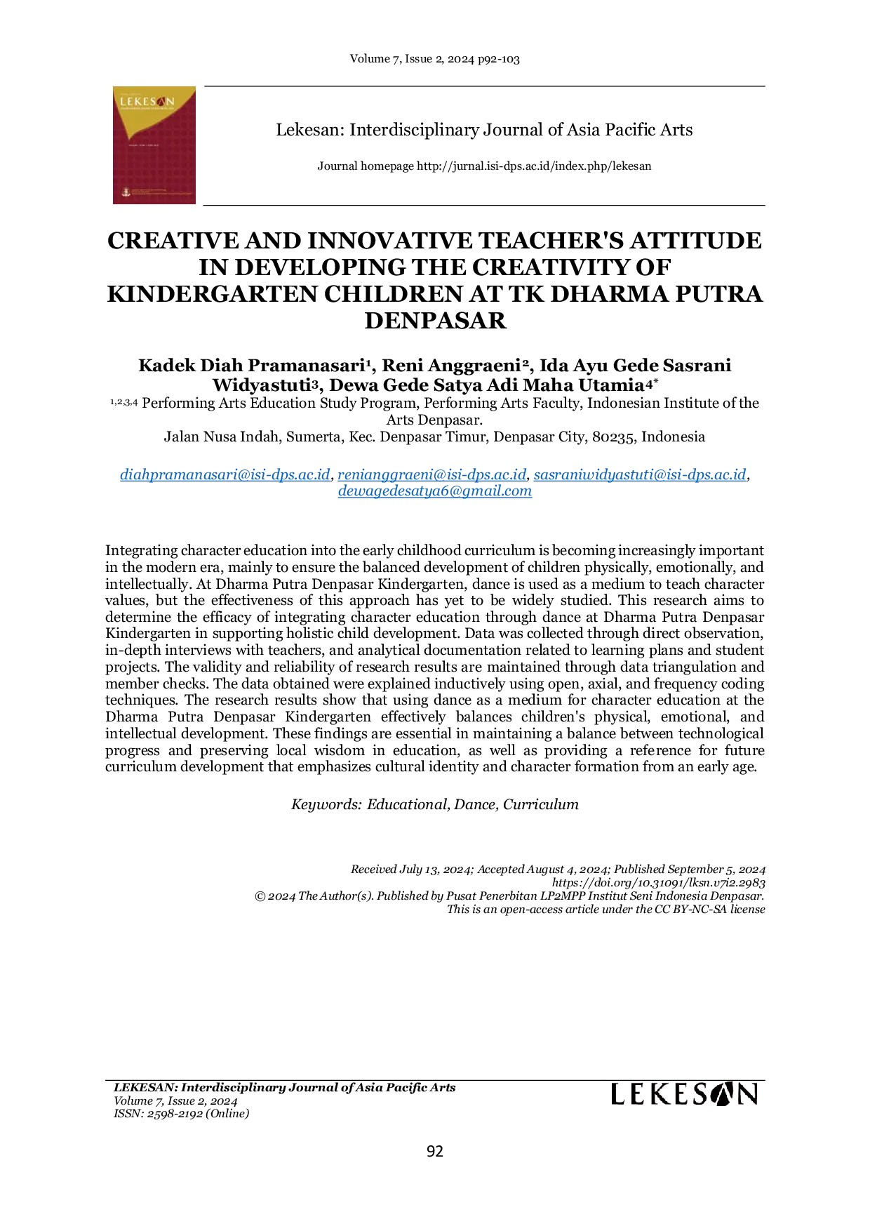 JURIS Creative and Innovative Teacher s Attitude in Developing the Creativity of Kindergarten Children at TK Dharma Putra Denpasar