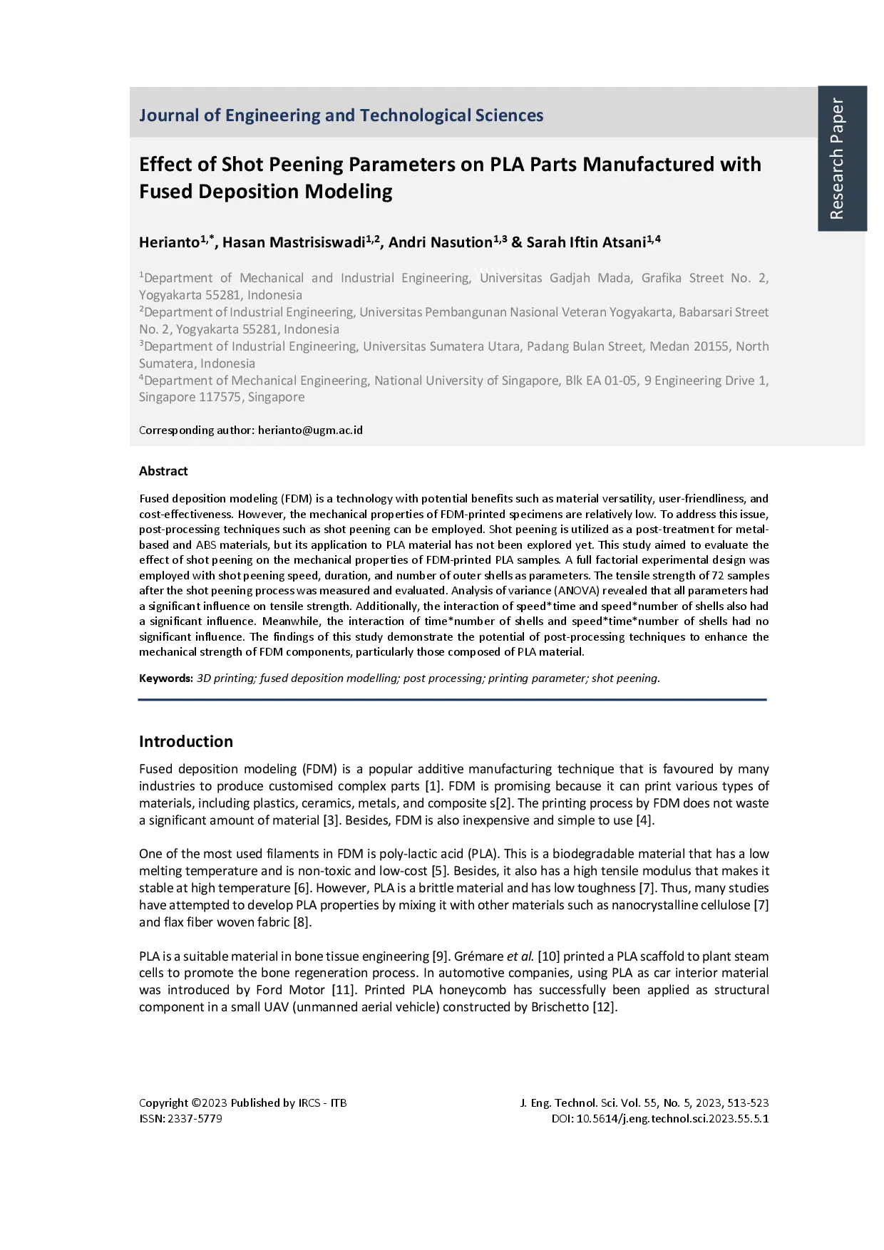 juris Effect of Shot Peening Parameters on PLA Parts Manufactured with Fused Deposition Modeling