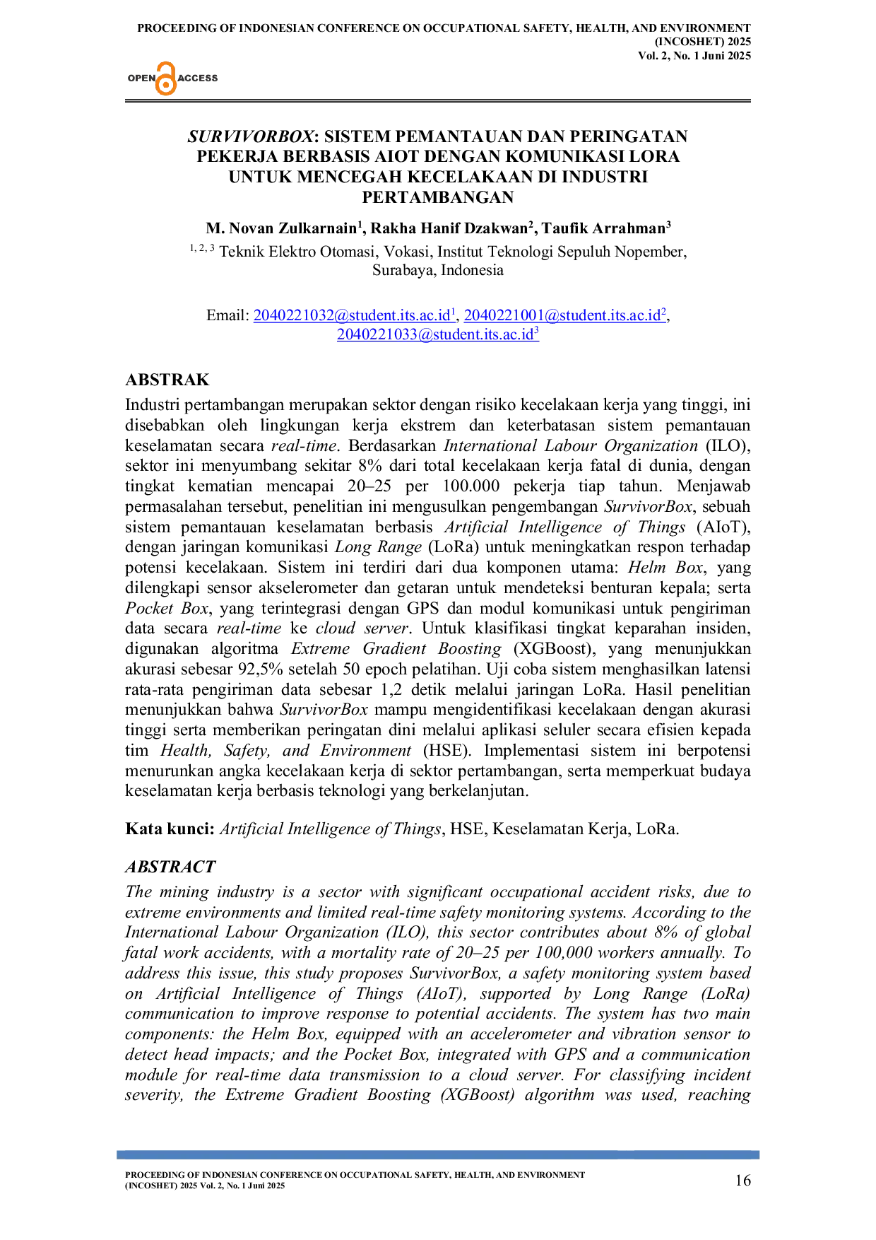 JURIS SurvivorBox Sistem Pemantauan Dan Peringatan Pekerja Berbasis AIoT Dengan Komunikasi LoRa Untuk Mencegah Kecelakaan Di Industri Pertambangan