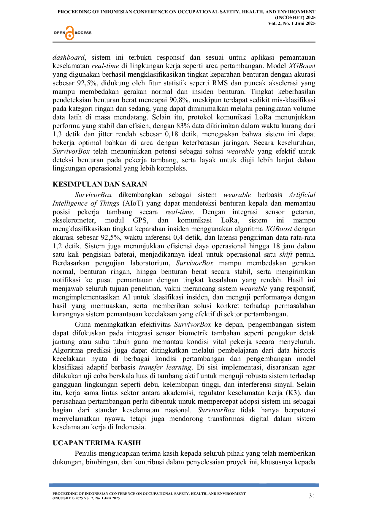 JURIS SurvivorBox Sistem Pemantauan Dan Peringatan Pekerja Berbasis AIoT Dengan Komunikasi LoRa Untuk Mencegah Kecelakaan Di Industri Pertambangan