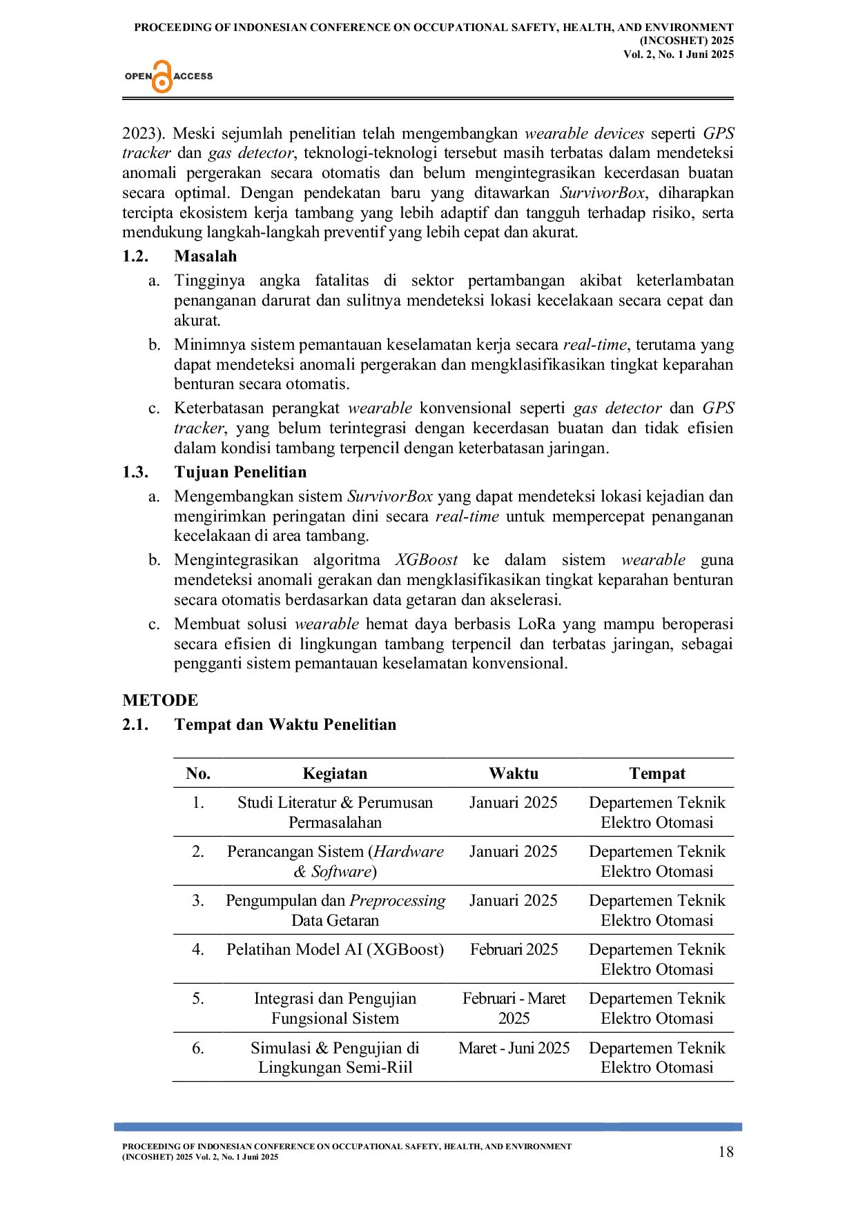 JURIS SurvivorBox Sistem Pemantauan Dan Peringatan Pekerja Berbasis AIoT Dengan Komunikasi LoRa Untuk Mencegah Kecelakaan Di Industri Pertambangan
