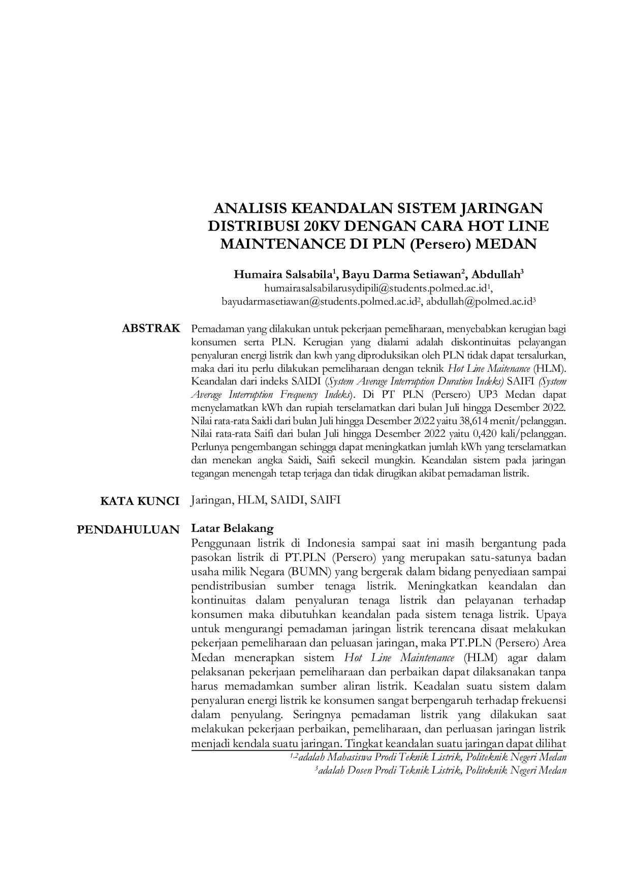 JURIS ANALISIS KEANDALAN SISTEM JARINGAN DISTRIBUSI 20KV DENGAN CARA HOT LINE MAINTENANCE DI PLN Persero MEDAN