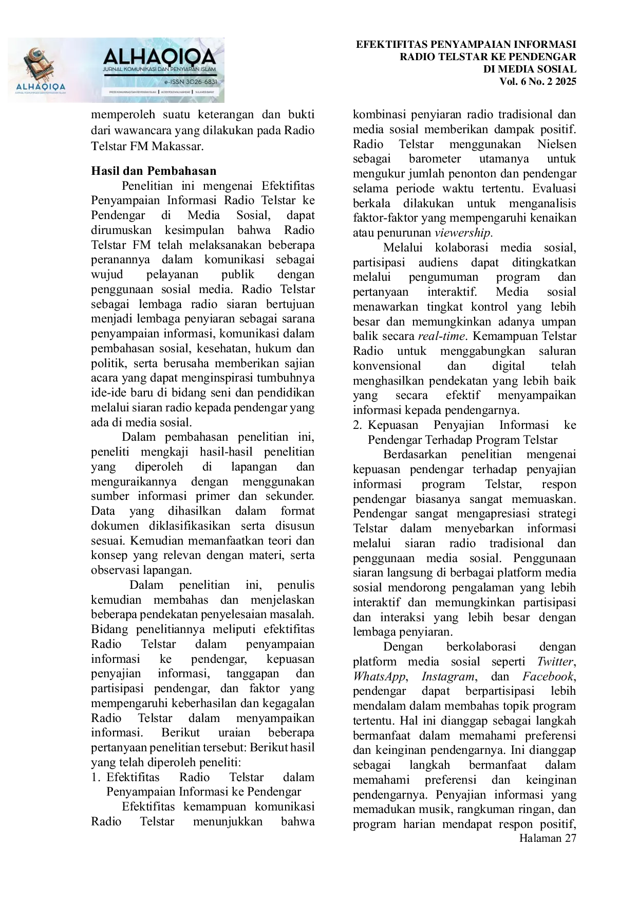 JURIS Efektifitas Penyampaian Informasi Radio Telstar Ke Pendengar Di Media Sosial