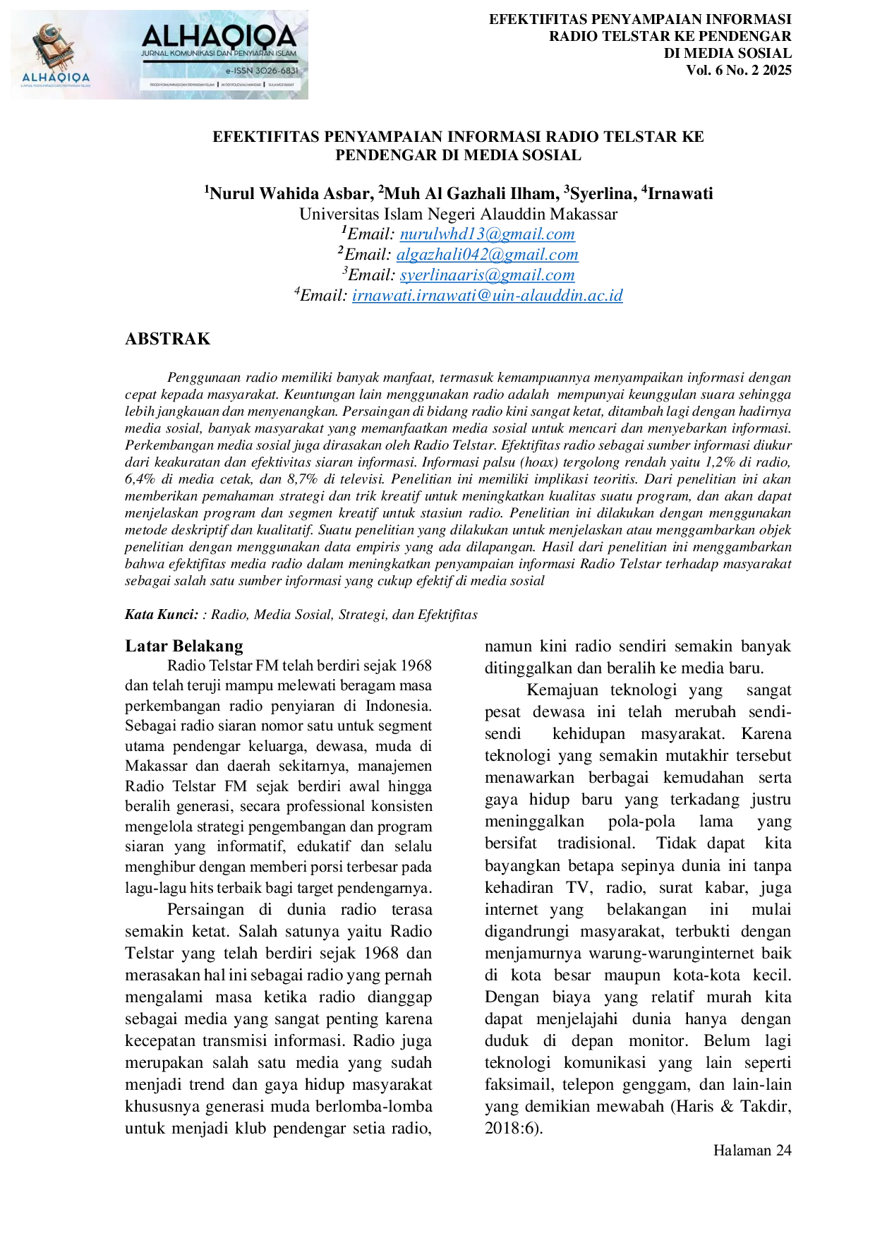 JURIS Efektifitas Penyampaian Informasi Radio Telstar Ke Pendengar Di Media Sosial