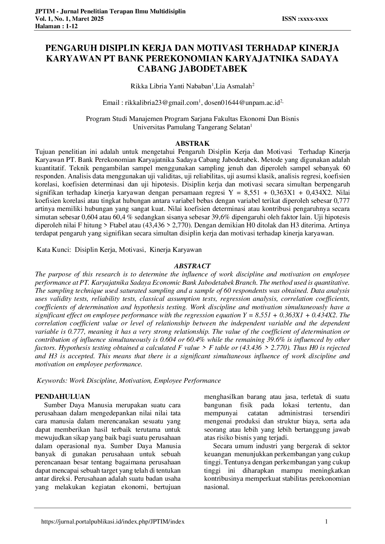 JURIS Pengaruh Disiplin Kerja dan Motivasi Terhadap Kinerja Karyawan PT Bank Perekonomian Karyajatnika Sadaya Cabang Jabodetabek