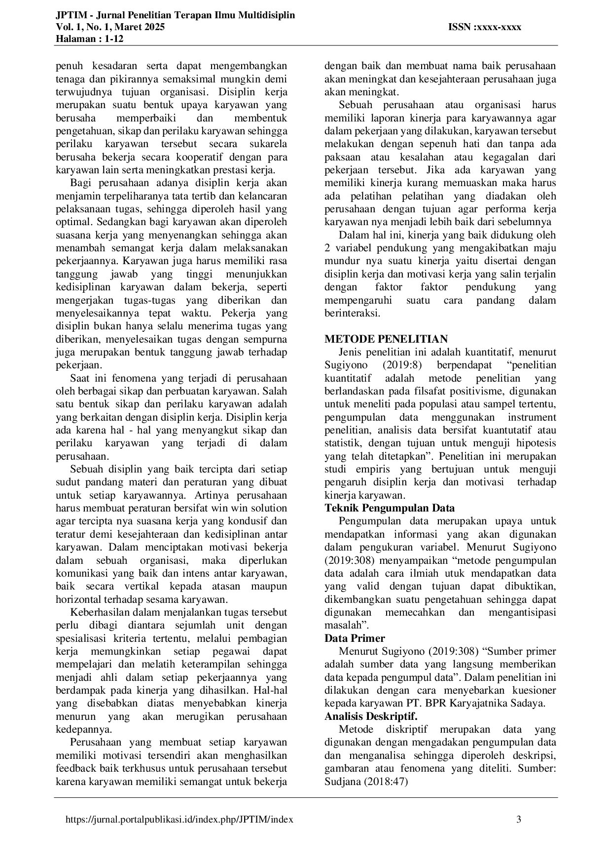 JURIS Pengaruh Disiplin Kerja dan Motivasi Terhadap Kinerja Karyawan PT Bank Perekonomian Karyajatnika Sadaya Cabang Jabodetabek