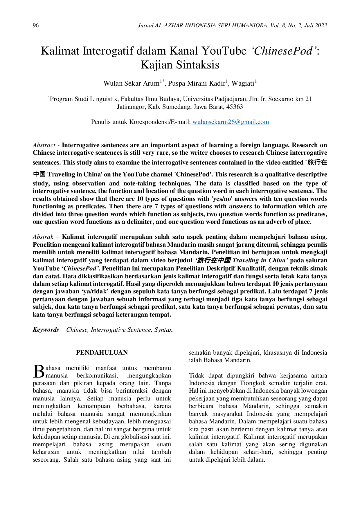 JURIS Kalimat Interogatif dalam Kanal YouTube ChinesePod Kajian Sintaksis