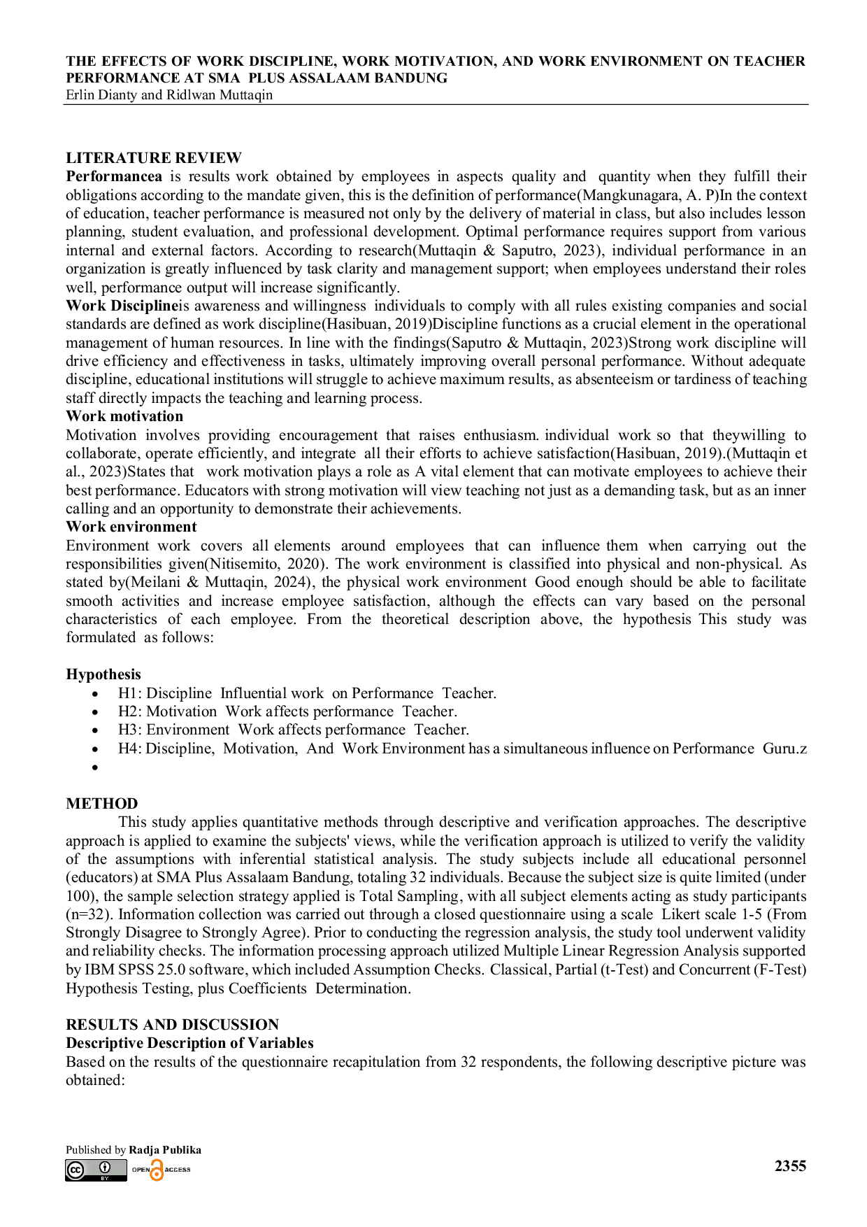 JURIS The Effects of Work Discipline Work Motivation and Work Environment on Teacher Performance at Sma Plus Assalaam Bandung