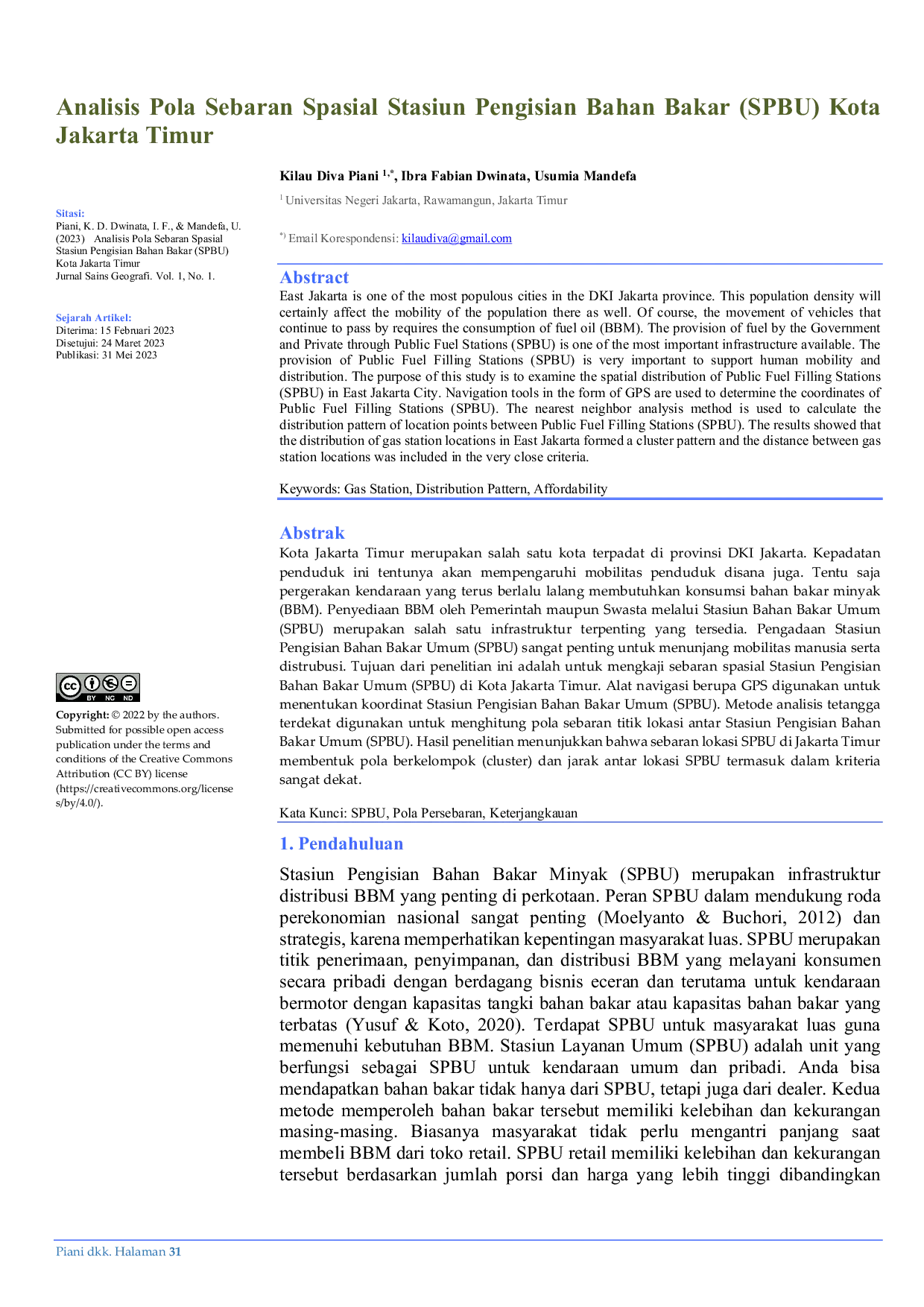 JURIS Analisis Pola Sebaran Spasial Stasiun Pengisian Bahan Bakar SPBU Kota Jakarta Timur