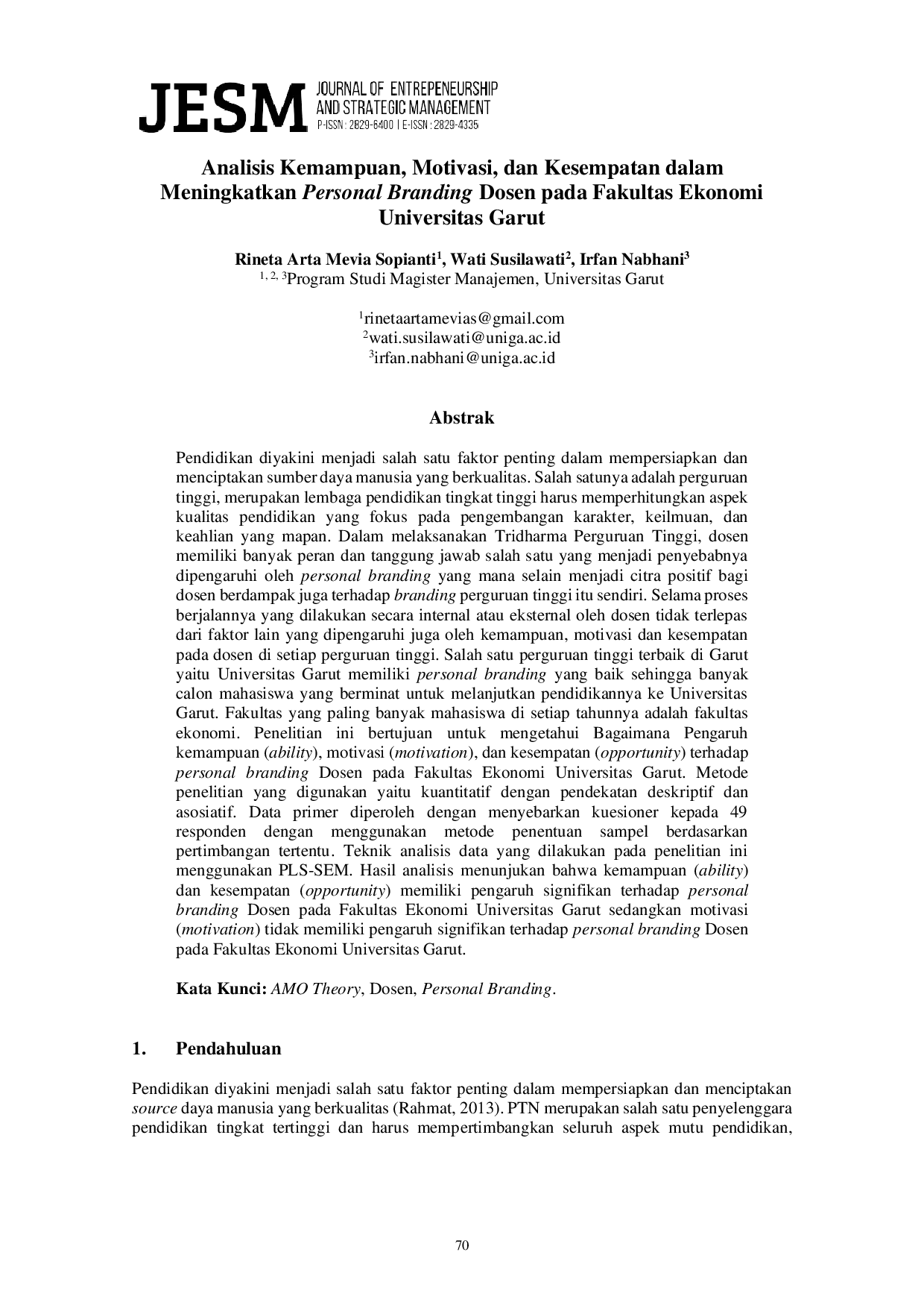 JURIS Analisis Kemampuan Motivasi dan Kesempatan Dalam Meningkatkan Personal Branding Dosen Pada Fakultas Ekonomi Universitas Garut