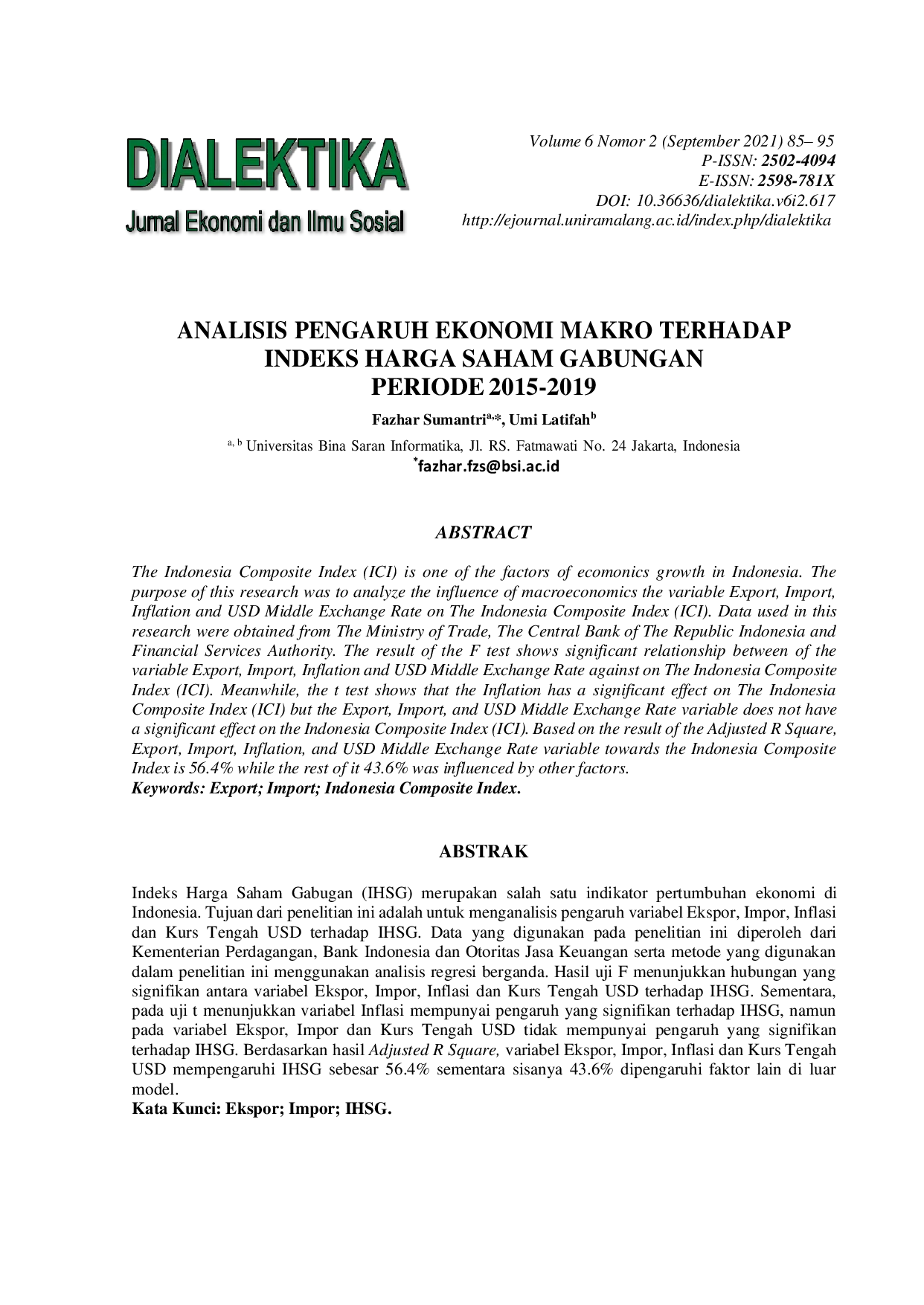 JURIS Analisis Pengaruh Ekonomi Makro Terhadap Indeks Harga Saham Gabungan Periode 2015 2019