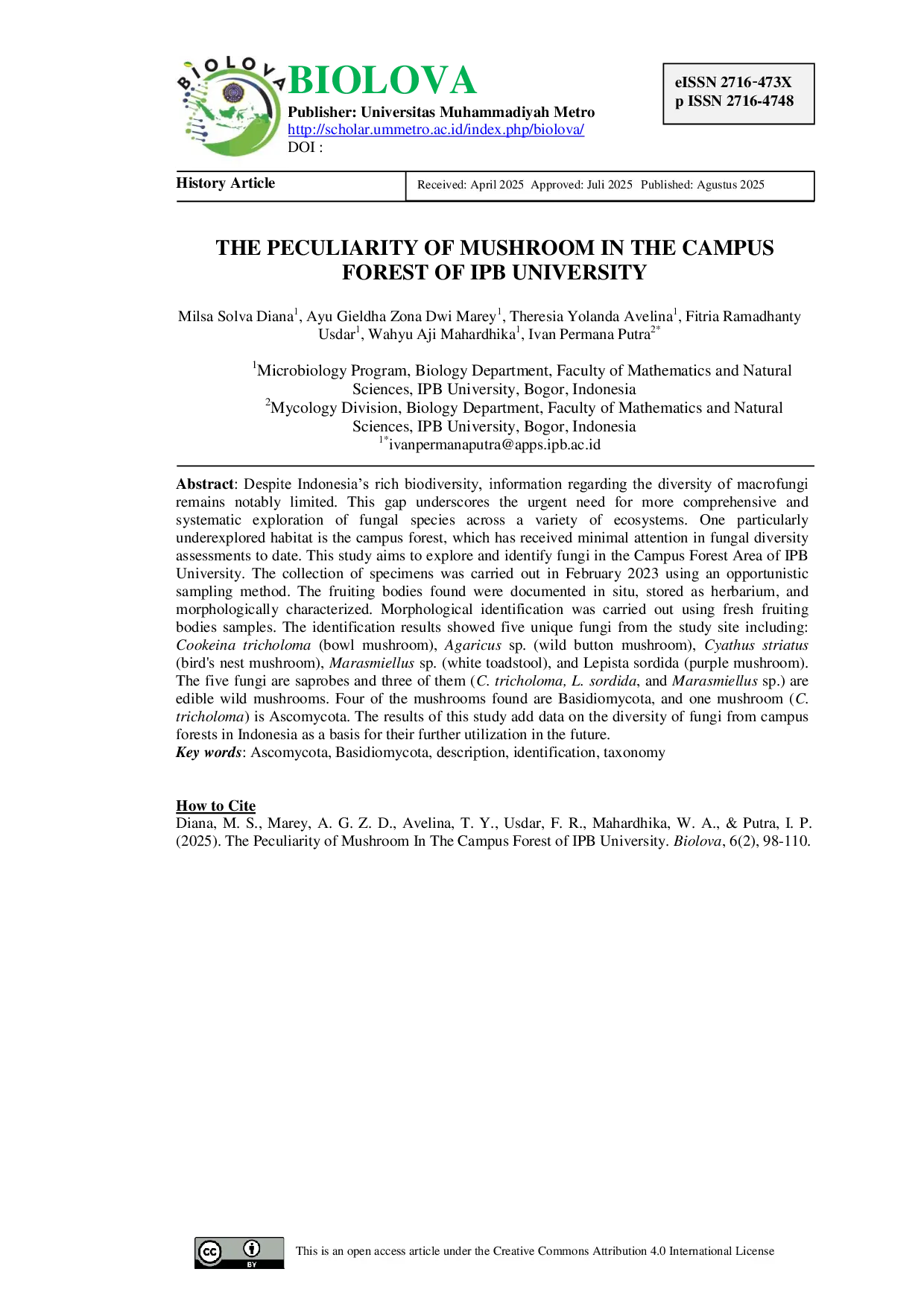 JURIS The Peculiarity of Mushroom In The Campus Forest of IPB University