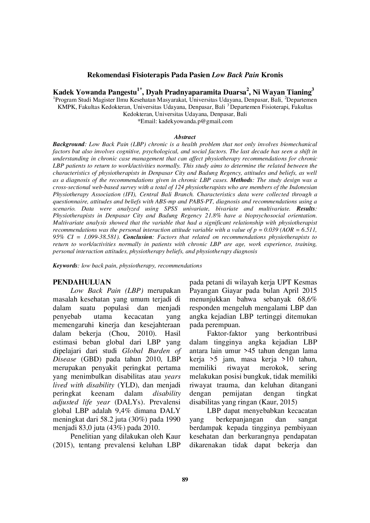 JURIS Rekomendasi Fisioterapis Pada Pasien Low Back Pain Kronis