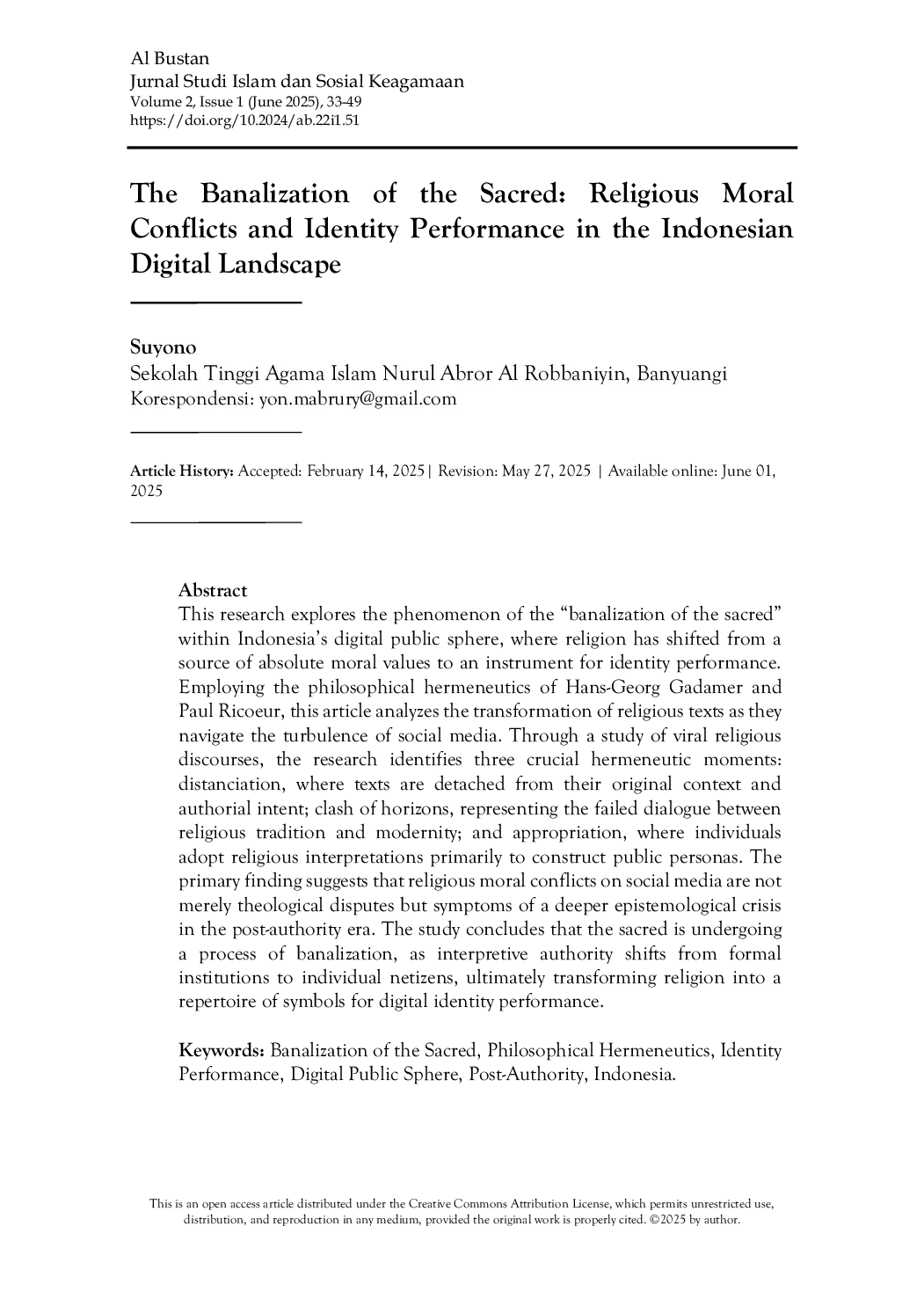 JURIS The Banalization of the Sacred Religious Moral Conflicts and Identity Performance in the Indonesian Digital Landscape