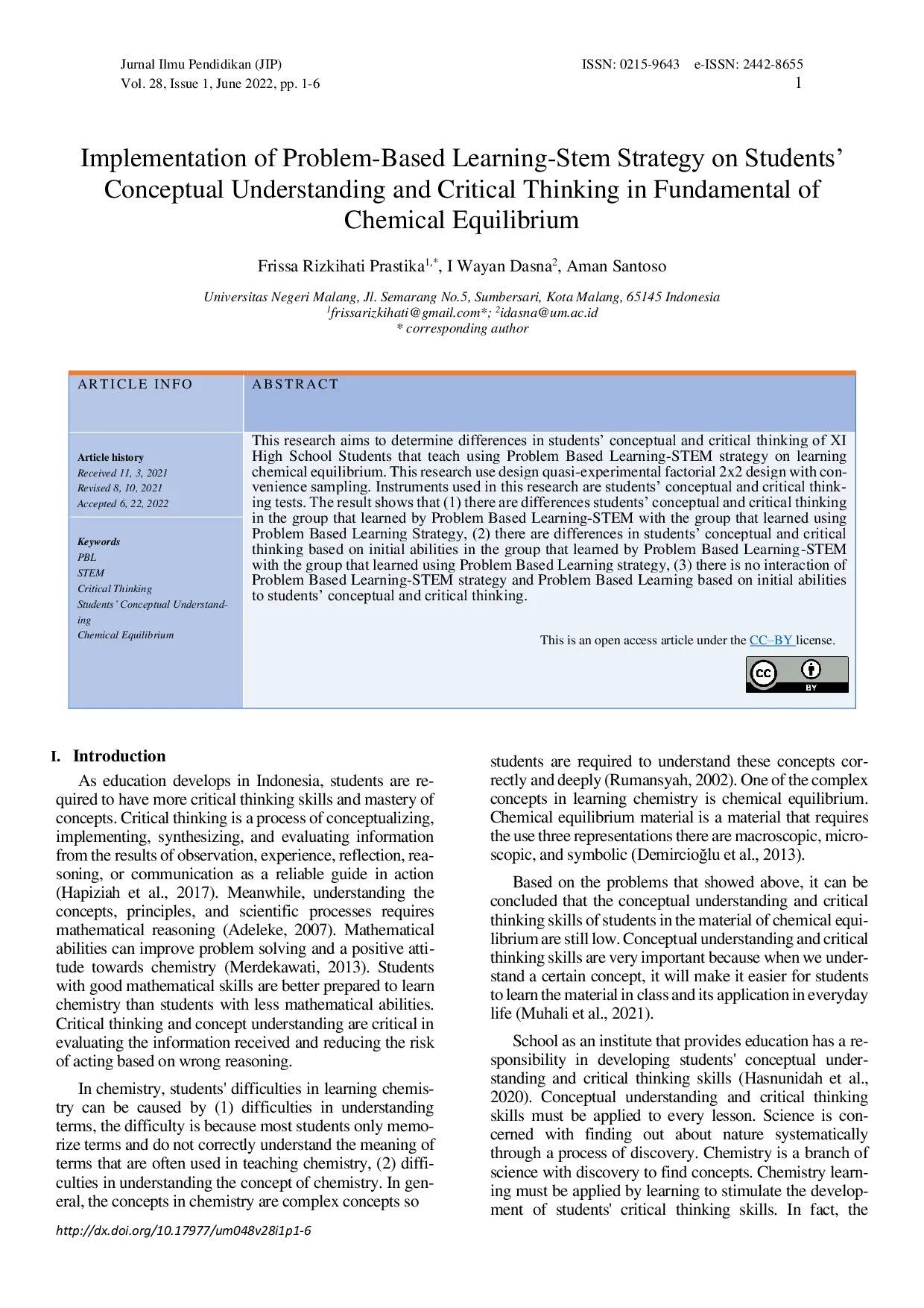 JURIS Implementation of Problem Based Learning Stem Strategy on Students Conceptual Understanding and Critical Thinking in Fundamental of Chemical Equilibrium
