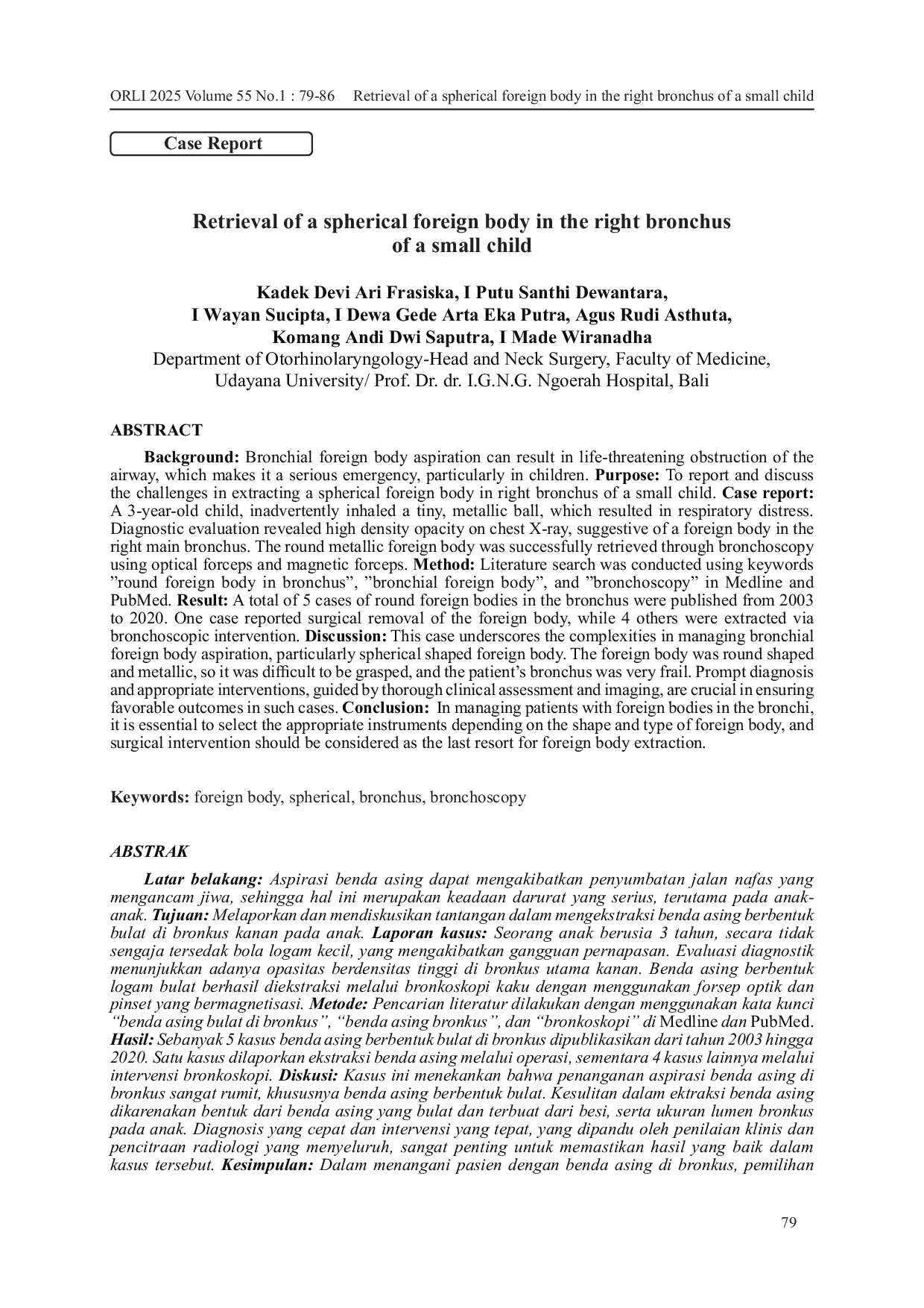 JURIS Retrieval of a Spherical Foreign Body in the Right Bronchus of a Small Child