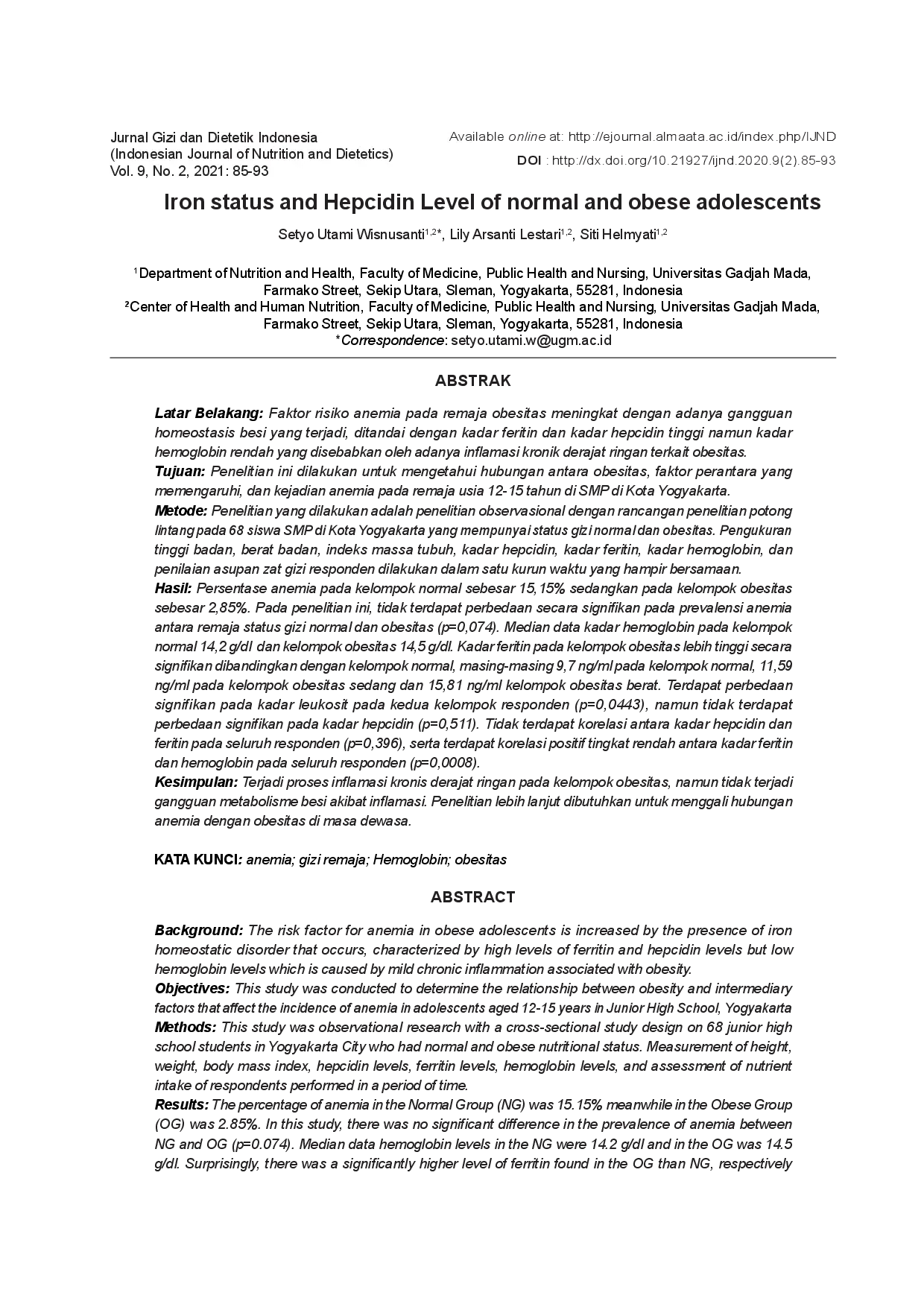 juris Iron status and Hepcidin Level of normal and obese adolescents