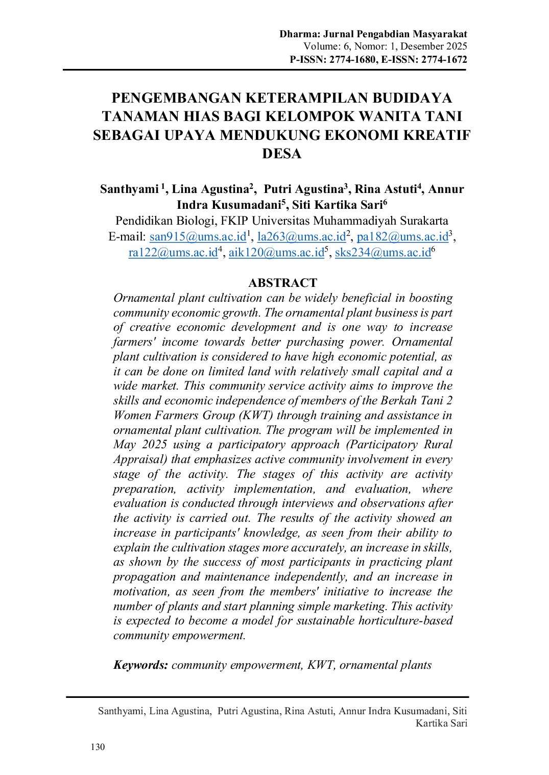 JURIS Pengembangan Keterampilan Budidaya Tanaman Hias Bagi Kelompok Wanita Tani Sebagai Upaya Mendukung Ekonomi Kreatif Desa