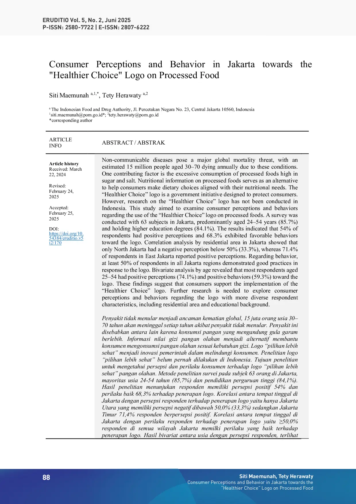 JURIS Consumer Perceptions and Behavior in Jakarta towards the Healthier Choice Logo on Processed Food