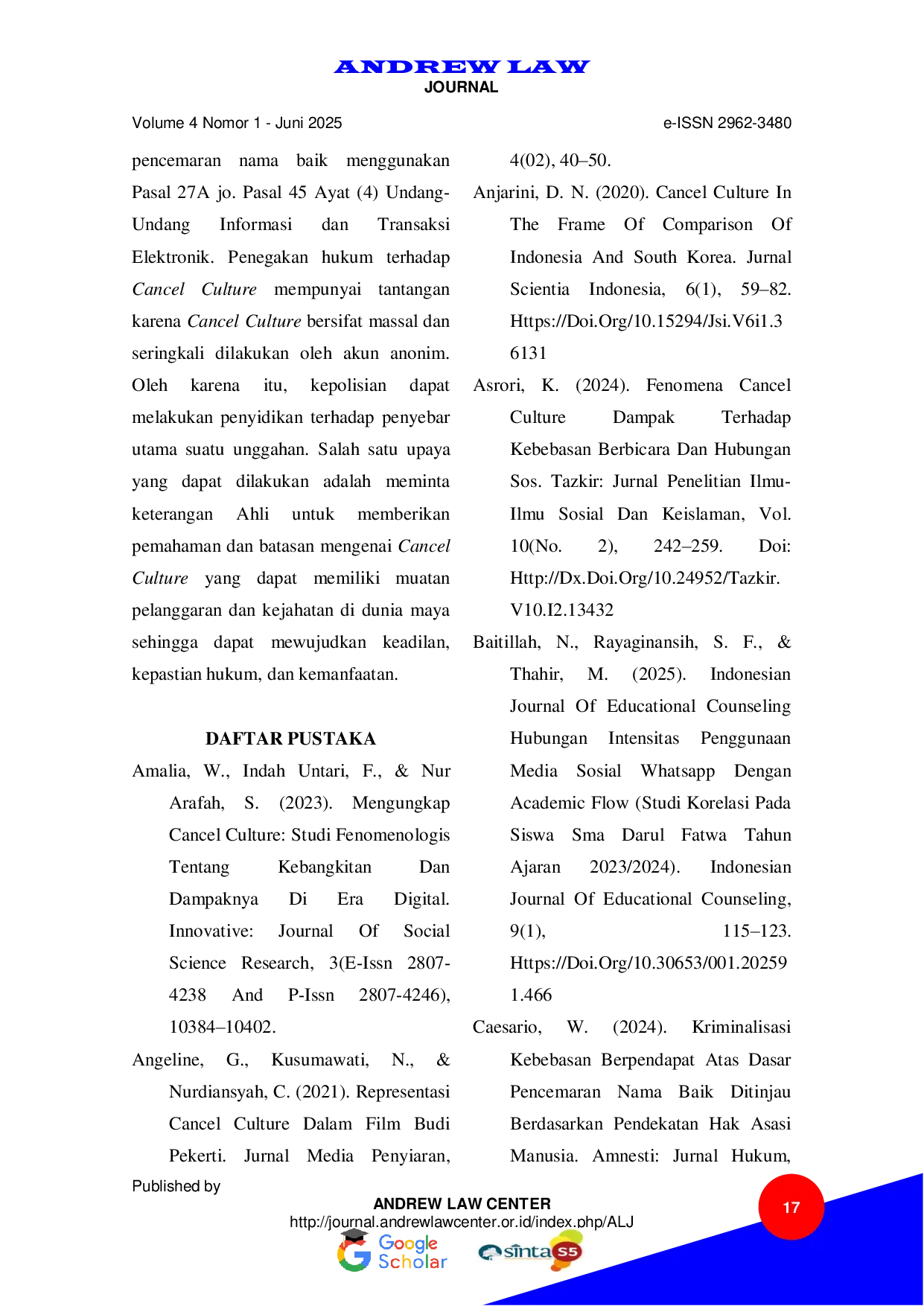 JURIS Relevansi Hukum Pidana Dalam Mengakomodasi Cancel Culture Sebagai Tindak Pidana Di Media Sosial