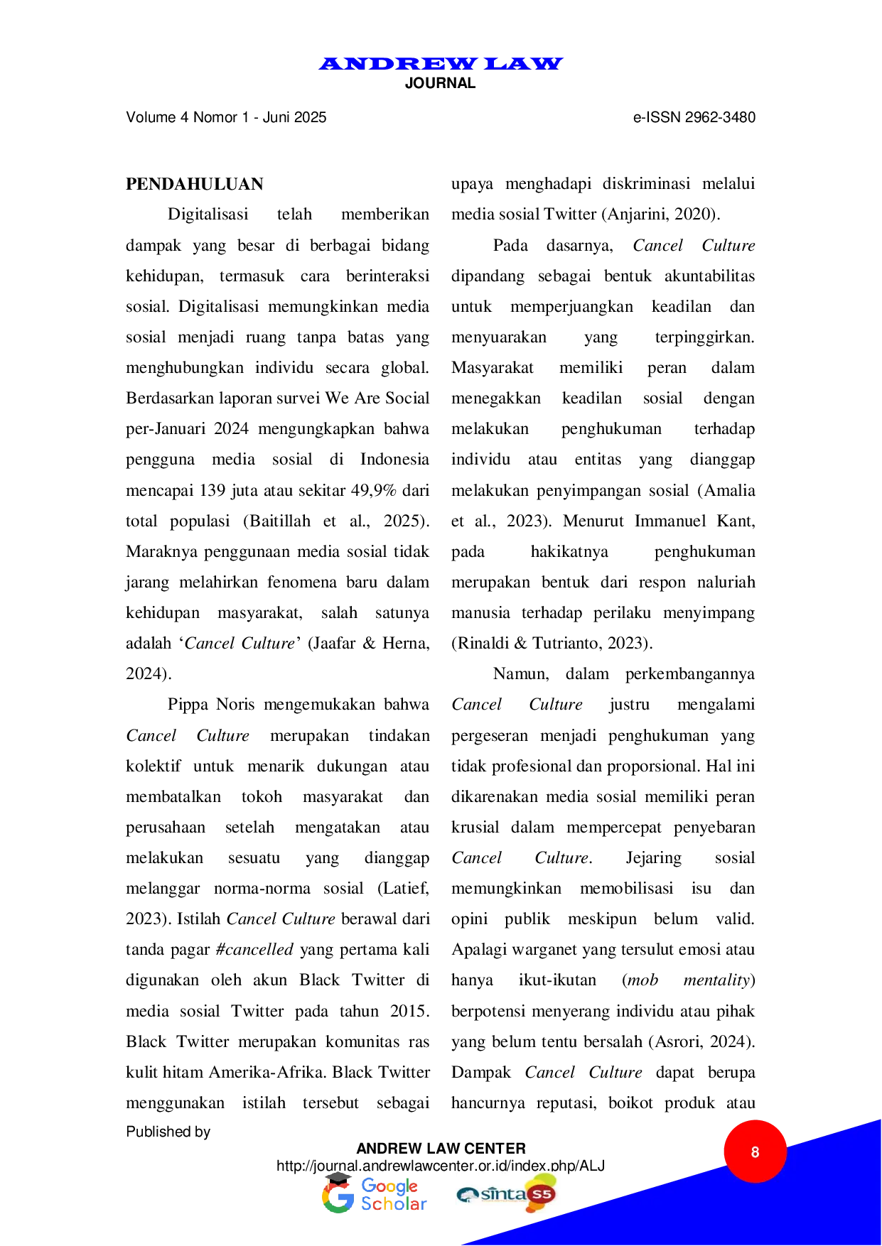 JURIS Relevansi Hukum Pidana Dalam Mengakomodasi Cancel Culture Sebagai Tindak Pidana Di Media Sosial