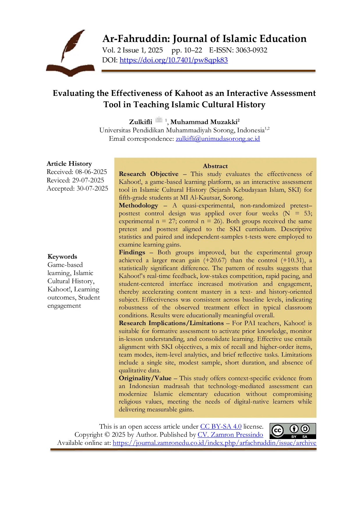 JURIS Evaluating the Effectiveness of Kahoot as an Interactive Assessment Tool in Teaching Islamic Cultural History