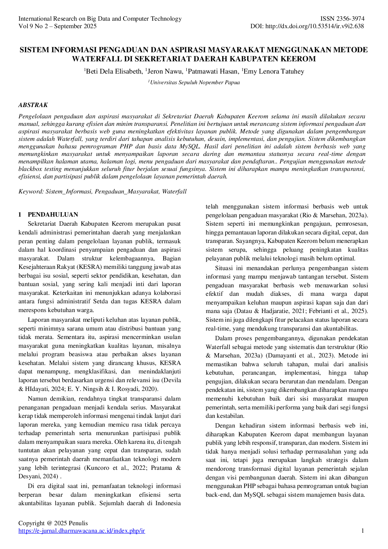 JURIS Sistem Informasi Pengaduan Dan Aspirasi Masyarakat Menggunakan Metode Waterfall Di Sekretariat Daerah Kabupaten Keerom