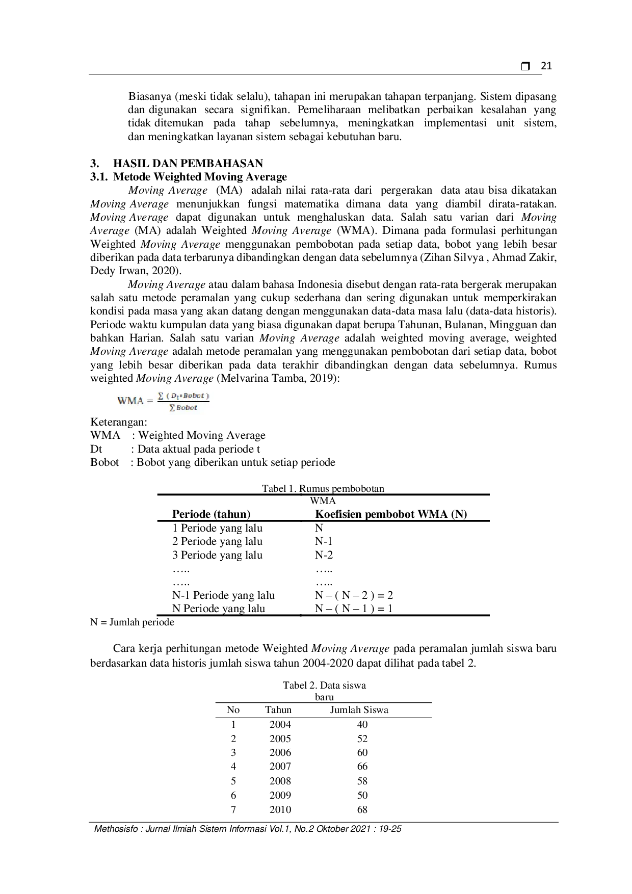 JURIS Sistem Informasi Peramalan Jumlah Siswa Baru Pada YPUS Menggunakan Metode Weighted Moving Average