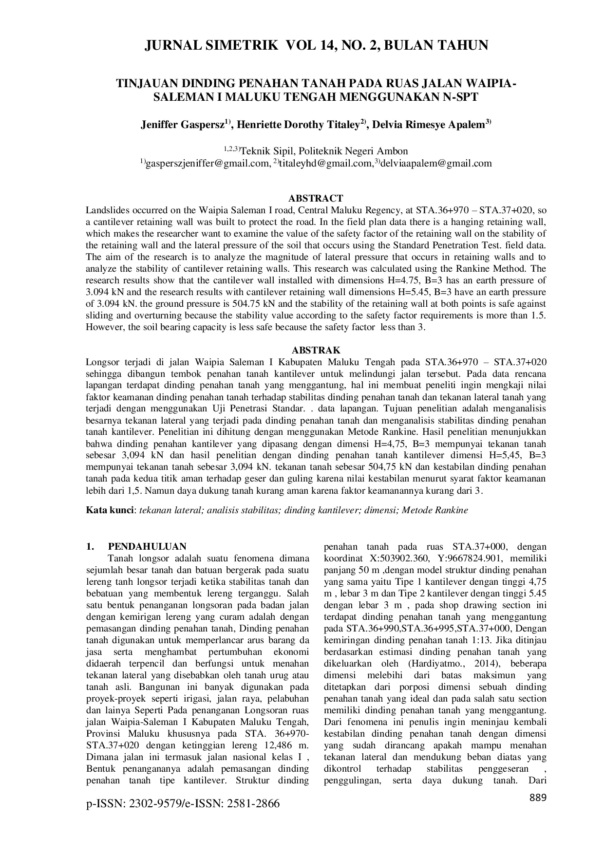 JURIS Tinjauan Dinding Penahan Tanah Pada Ruas Jalan Waipia Saleman I Maluku Tengah Menggunakan N SPT