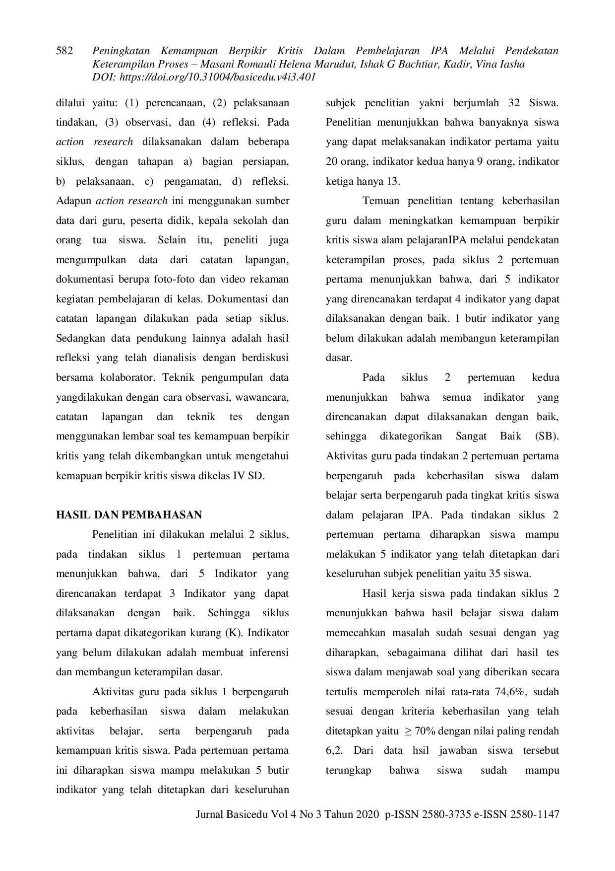 JURIS Peningkatan Kemampuan Berpikir Kritis dalam Pembelajaran IPA melalui Pendekatan Keterampilan Proses