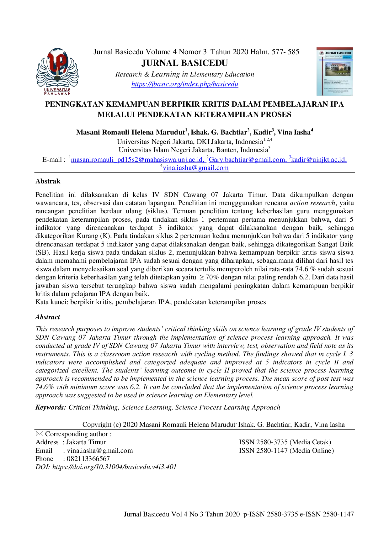 JURIS Peningkatan Kemampuan Berpikir Kritis dalam Pembelajaran IPA melalui Pendekatan Keterampilan Proses