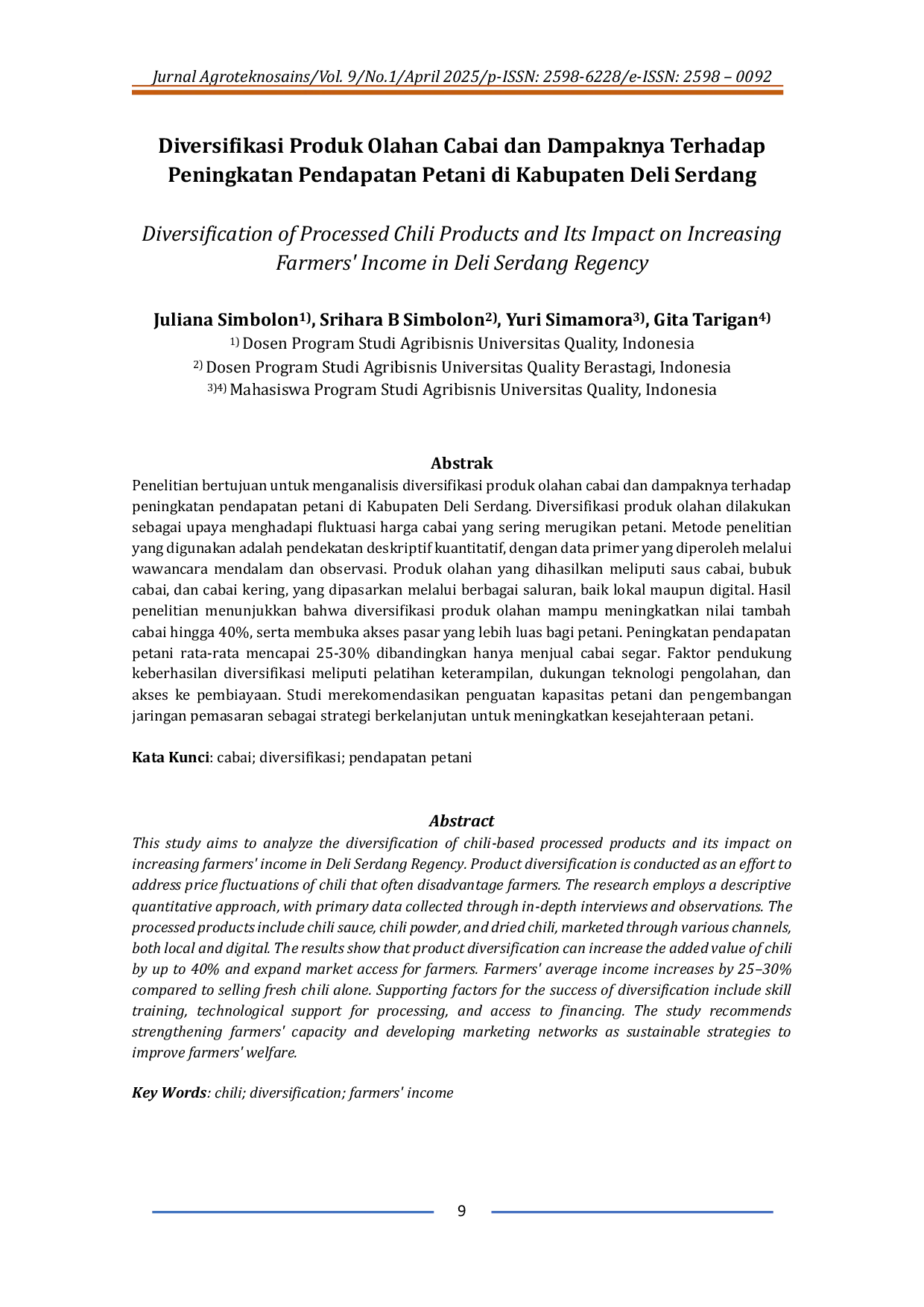 JURIS Diversifikasi Produk Olahan Cabai Dan Dampaknya Terhadap Peningkatan Pendapatan Petani Di Kabupaten Deli Serdang