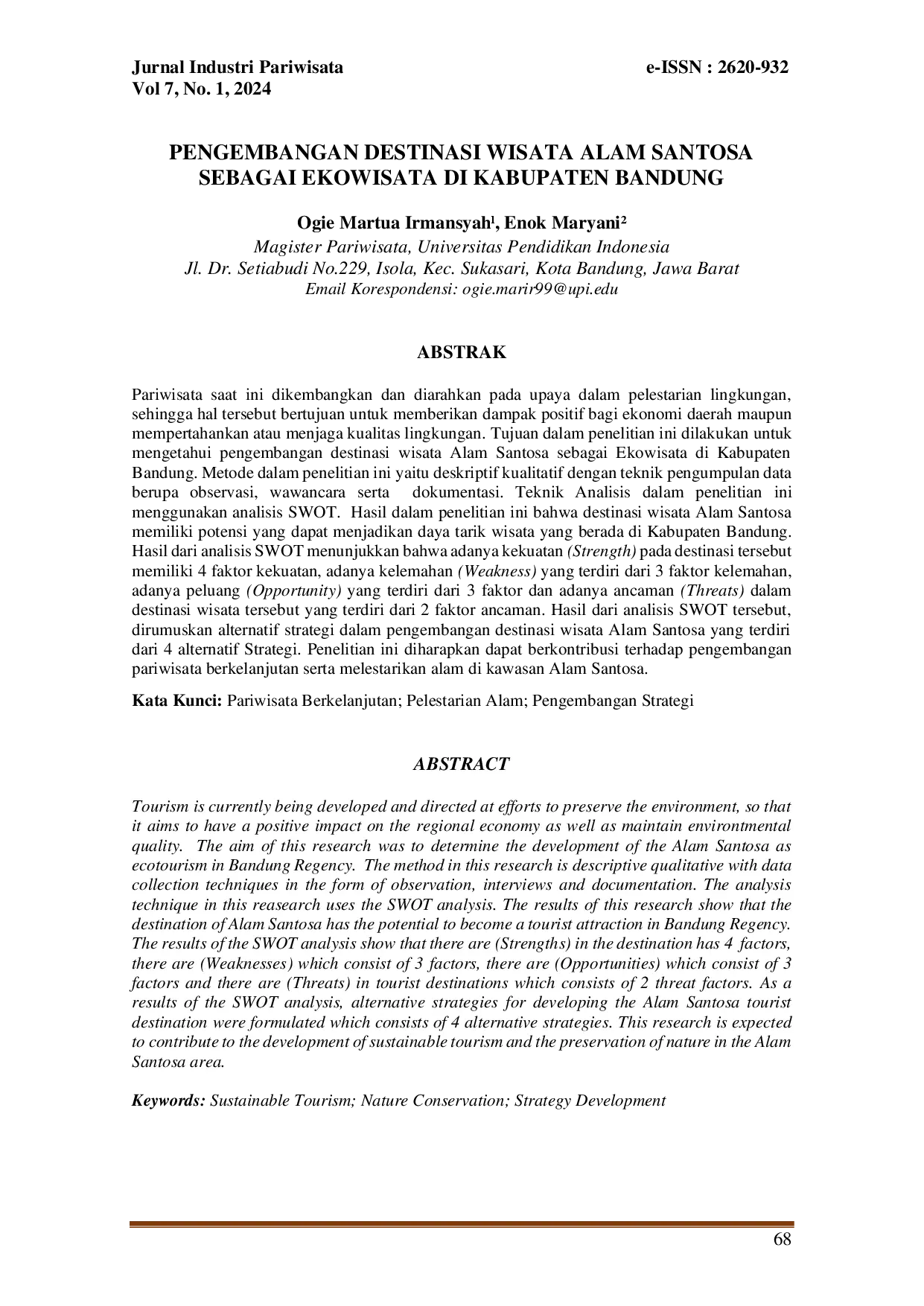 juris Pengembangan Destinasi Wisata Alam Santosa Sebagai Ekowisata di Kabupaten Bandung