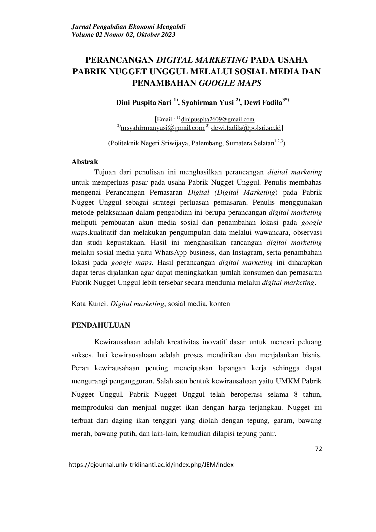 JURIS Perancangan Digital Marketing Pada Usaha Pabrik Nugget Unggul Melalui Sosial Media Dan Penambahan Google Maps