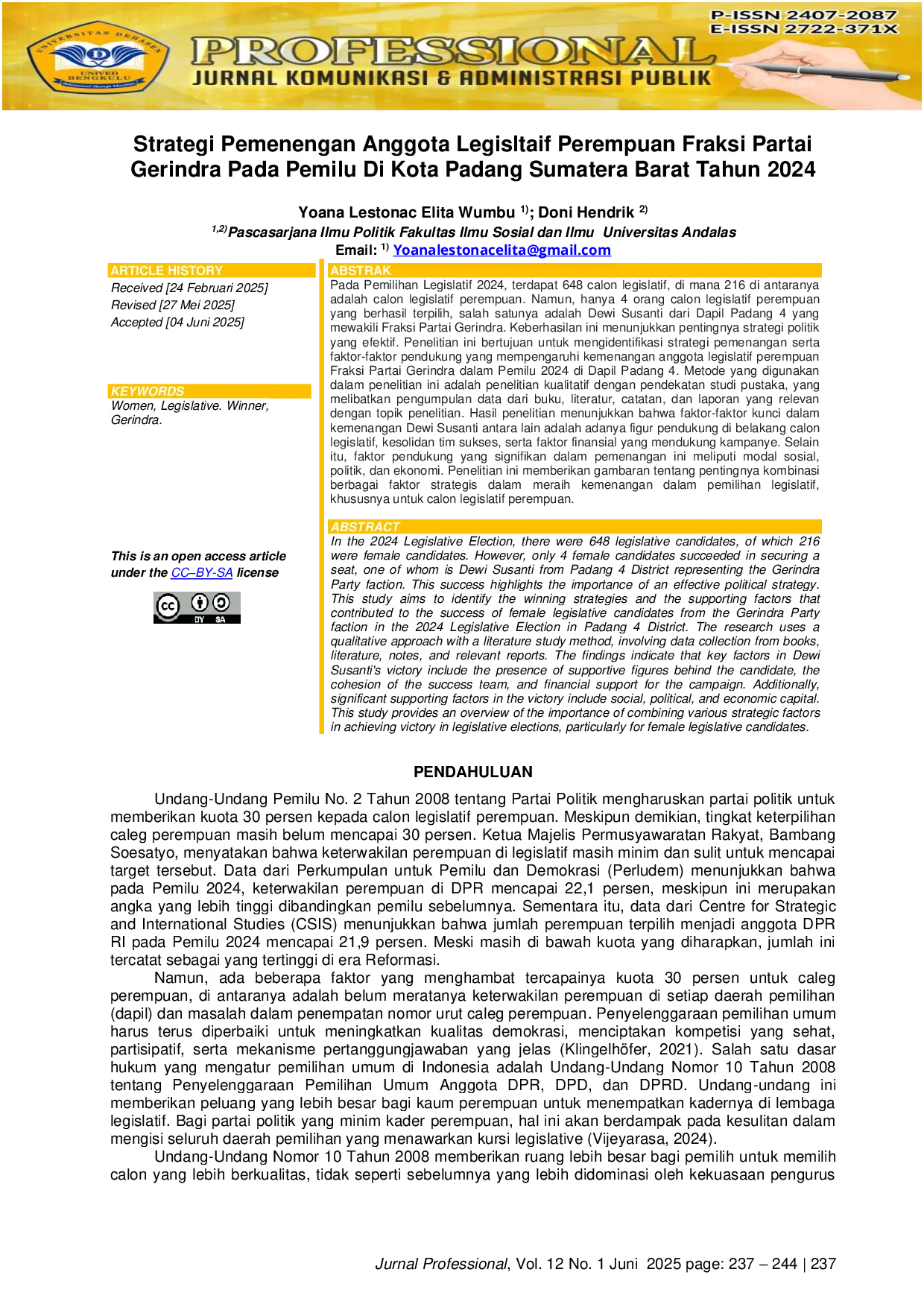 JURIS Strategi Pemenengan Anggota Legisltaif Perempuan Fraksi Partai Gerindra Pada Pemilu Di Kota Padang Sumatera Barat Tahun 2024