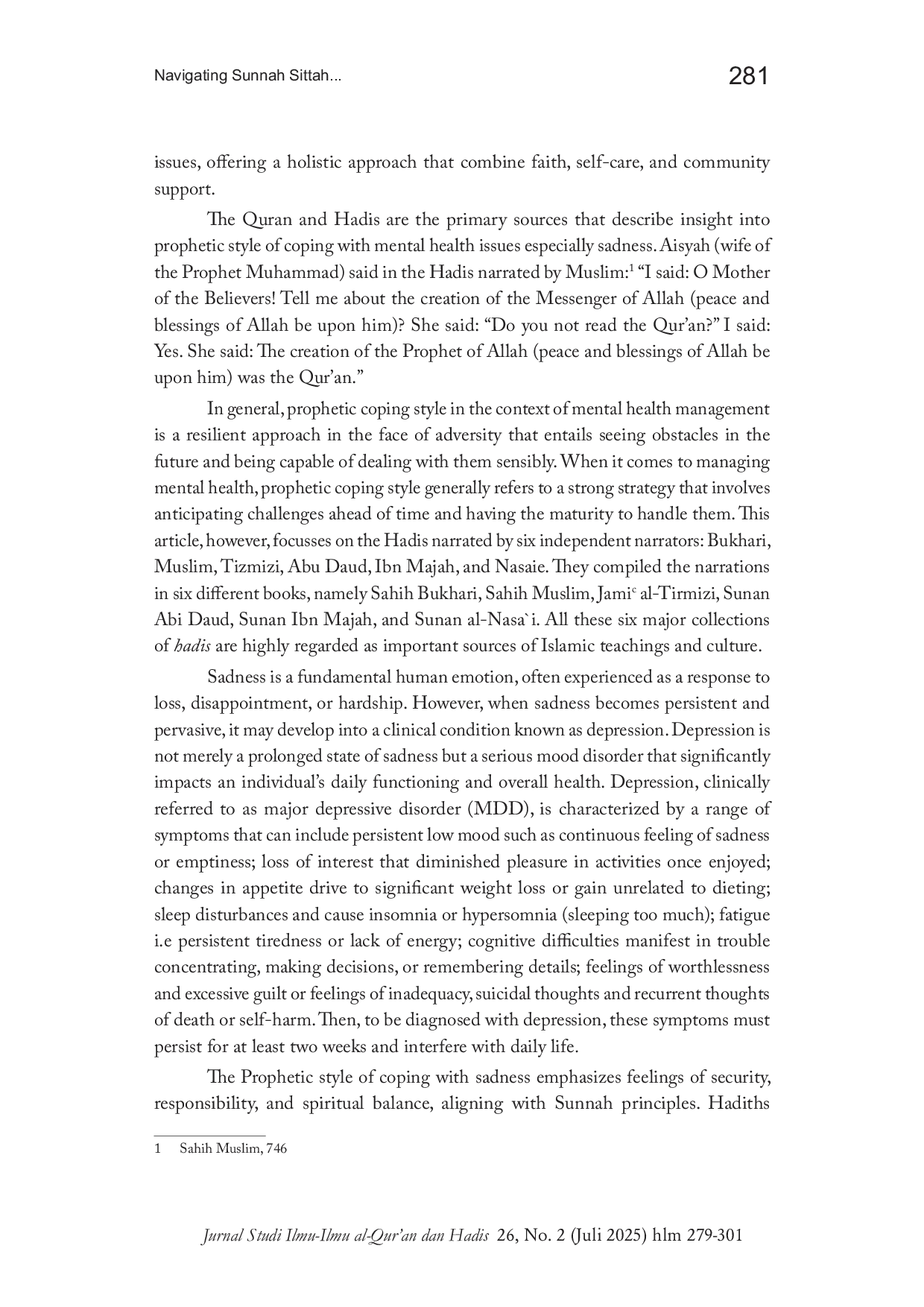JURIS Navigating Sunan Sittah in Exploring the Prophetic Style of Coping with Mental Health Issues A Case Study on Sadness