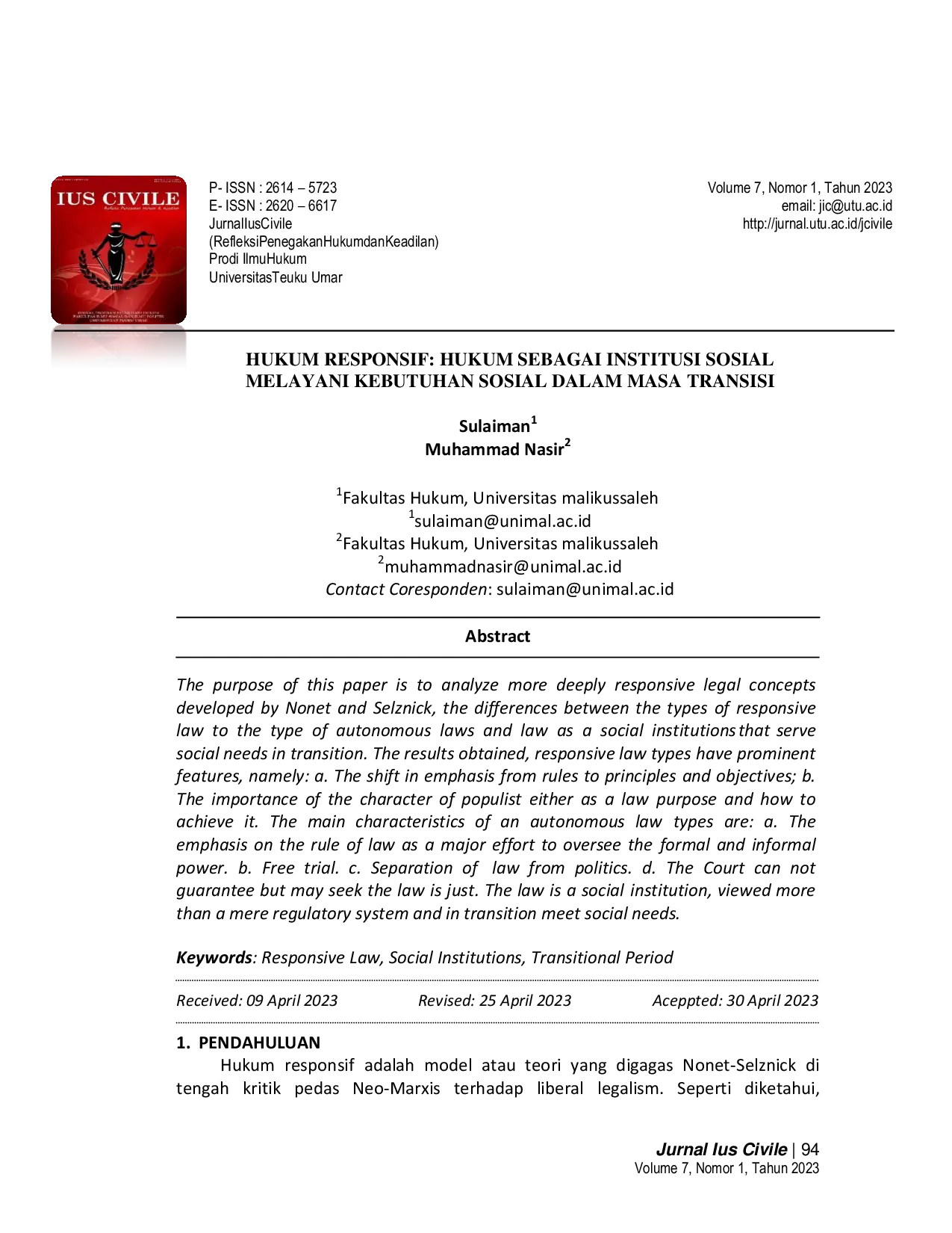 JURIS Hukum Responsif Hukum sebagai Institusi Sosial Melayani Kebutuhan Sosial dalam Masa Transisi
