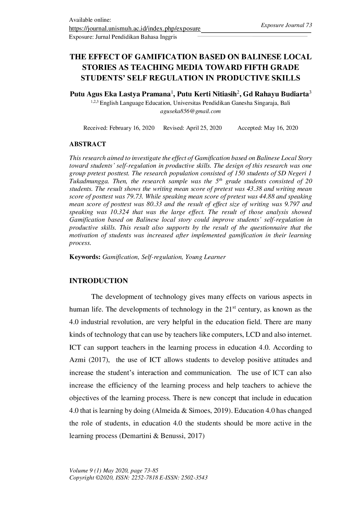 JURIS The Effect of Gamification Based on Balinese Local Stories as Teaching Media Toward Fifth Grade Students Self Regulation in Productive Skills