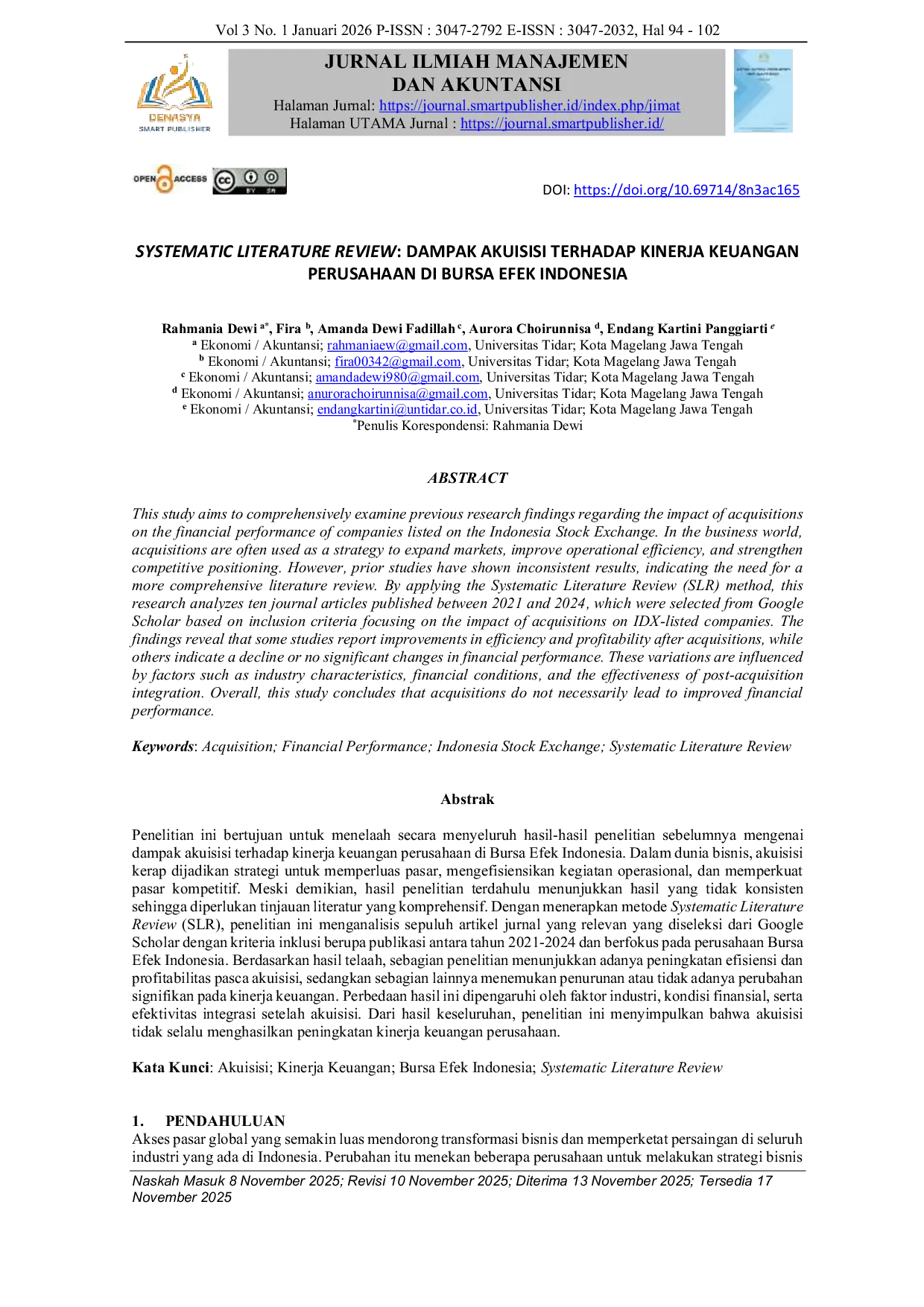 JURIS Systematic Literature Review Dampak Akuisisi Terhadap Kinerja Keuangan Perusahaan Di Bursa Efek Indonesia