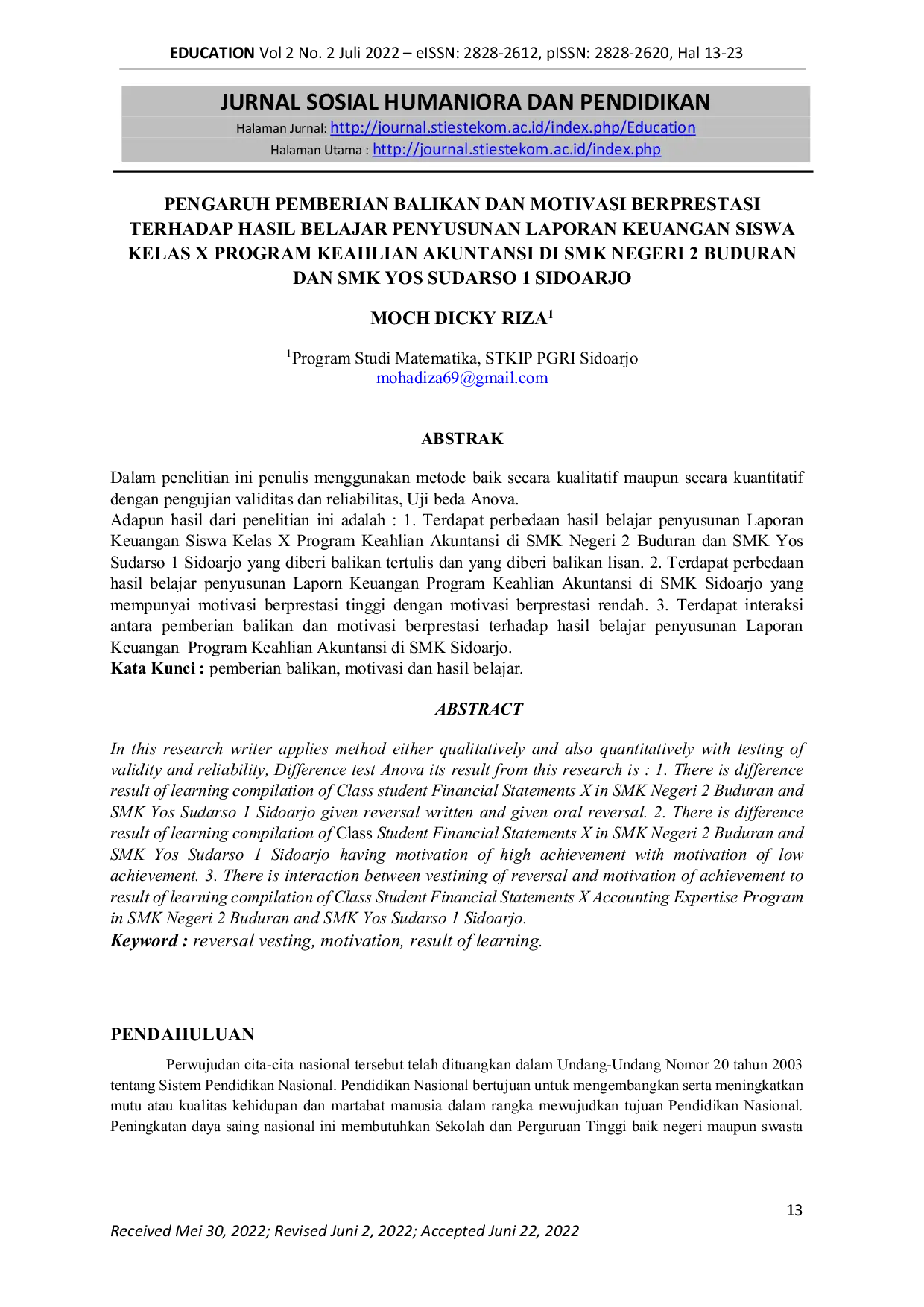 JURIS Pengaruh Pemberian Balikan Dan Motivasi Berprestasi Terhadap Hasil Belajar Penyusunan Laporan Keuangan Siswa Kelas X Program Keahlian Akuntansi Di Smk Negeri 2 Buduran Dan Smk Yos Sudarso 1 Sidoarjo