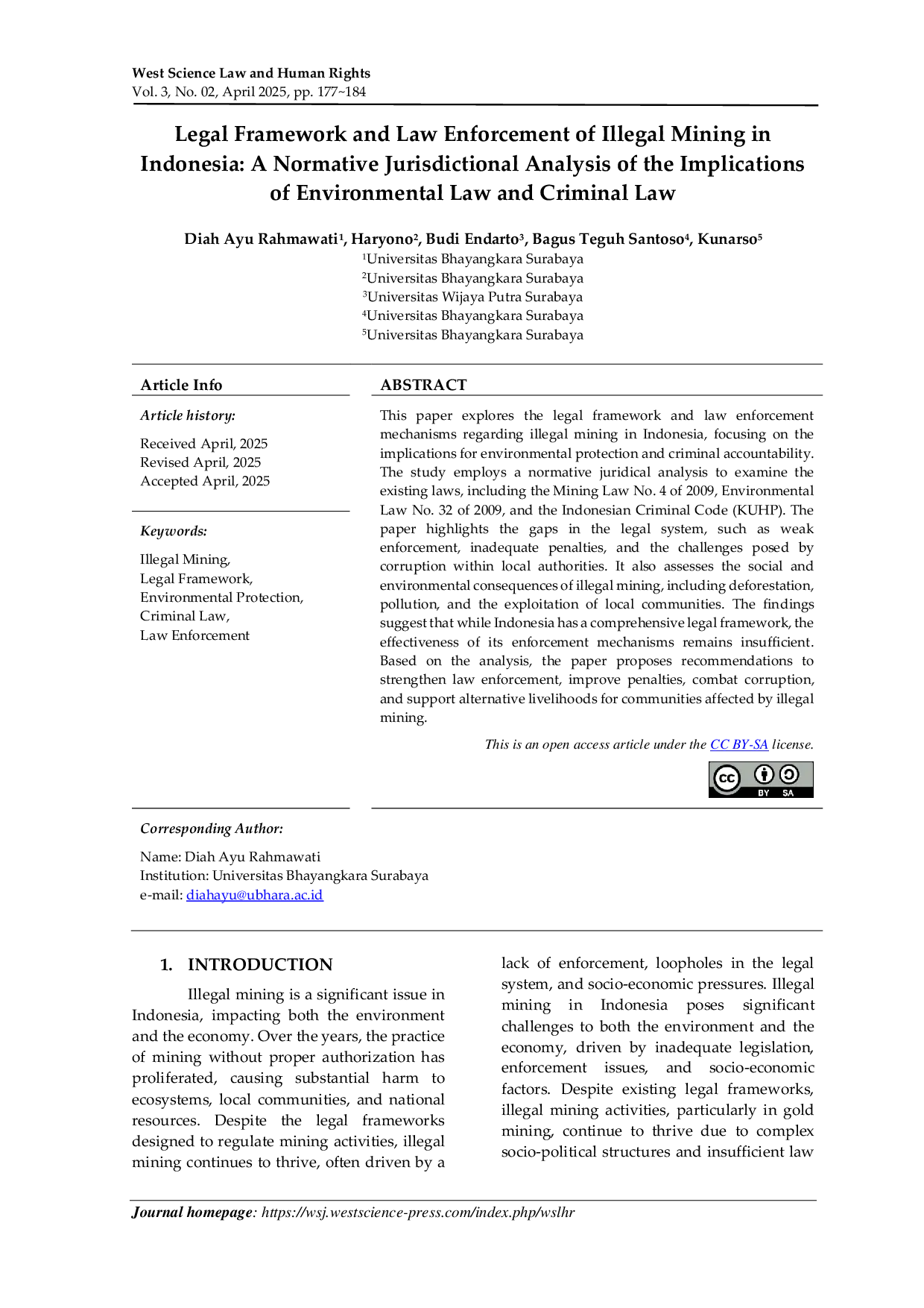 JURIS Legal Framework and Law Enforcement of Illegal Mining in Indonesia A Normative Jurisdictional Analysis of the Implications of Environmental Law and Criminal Law
