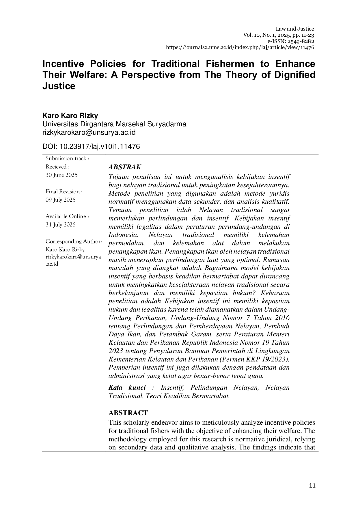 JURIS Incentive Policies for Traditional Fishermen to Enhance Their Welfare A Perspective from The Theory of Dignified Justice