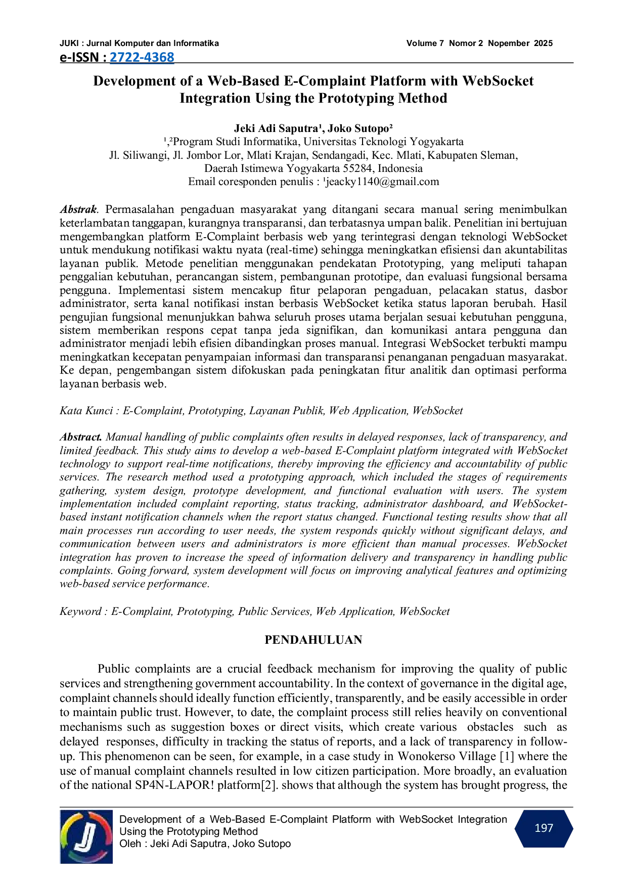 JURIS Development Of A Web Based E Complaint Platform With WebSocket Integration Using The Prototyping Method