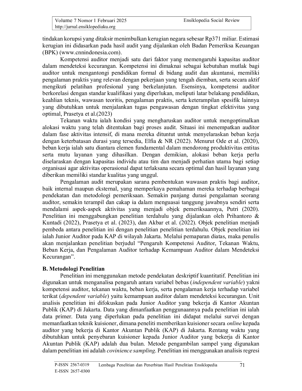 JURIS Pengaruh Kompetensi Auditor Tekanan Waktu Beban Kerja dan Pengalaman Audit Terhadap Kemampuan Auditor Dalam Mendeteksi Kecurangan